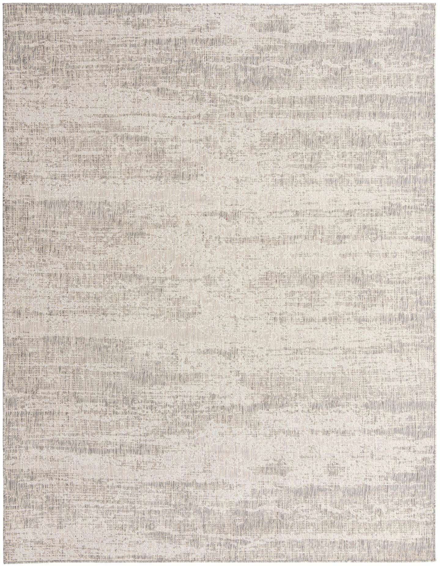 A rectangular 8x11 gray and silver flatweave rug with a subtle textured, distressed pattern, suitable for indoor or outdoor use.