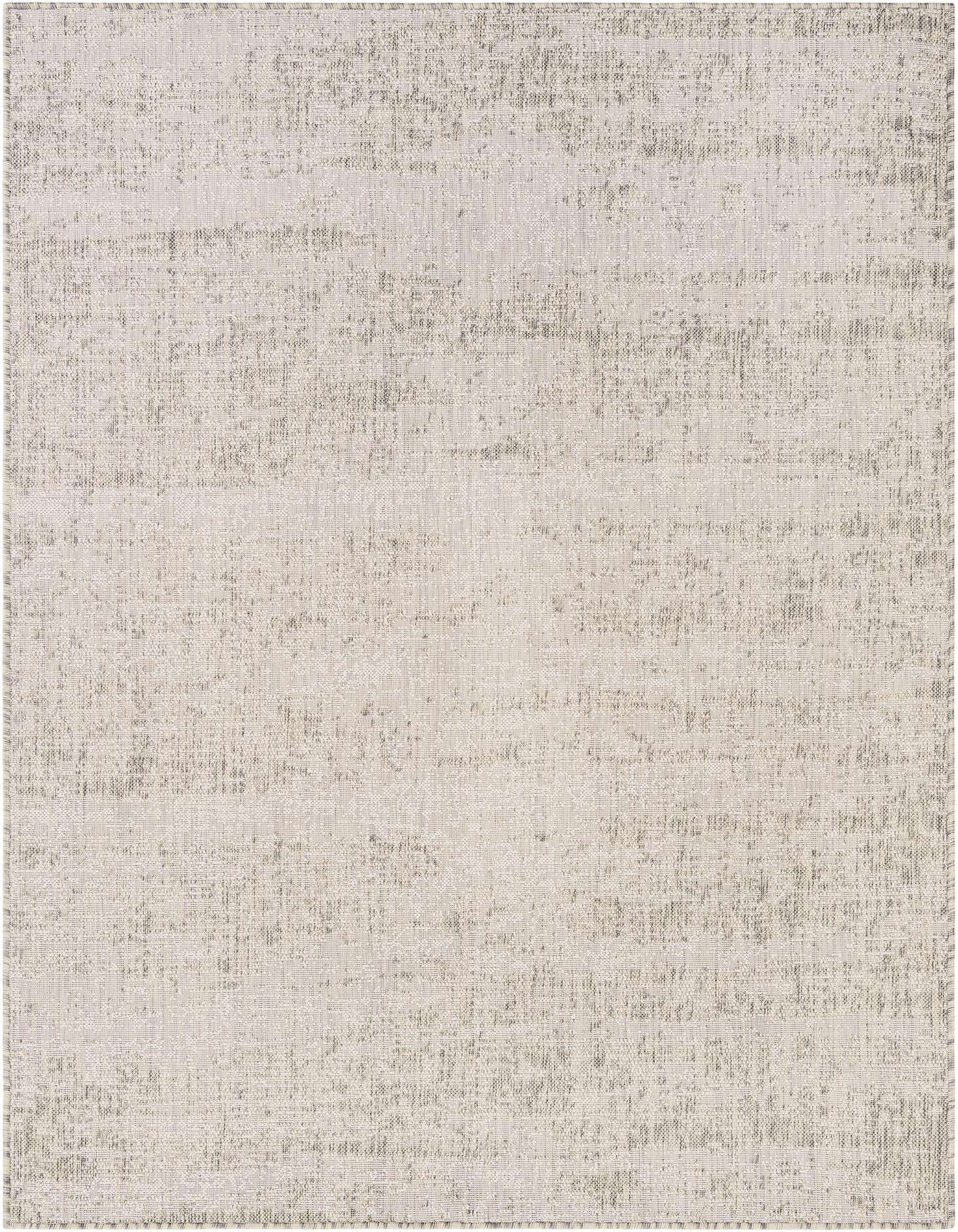 A 5x7 rectangular gray and silver indoor/outdoor rug with a subtle abstract, textured pattern, suitable for a patio.