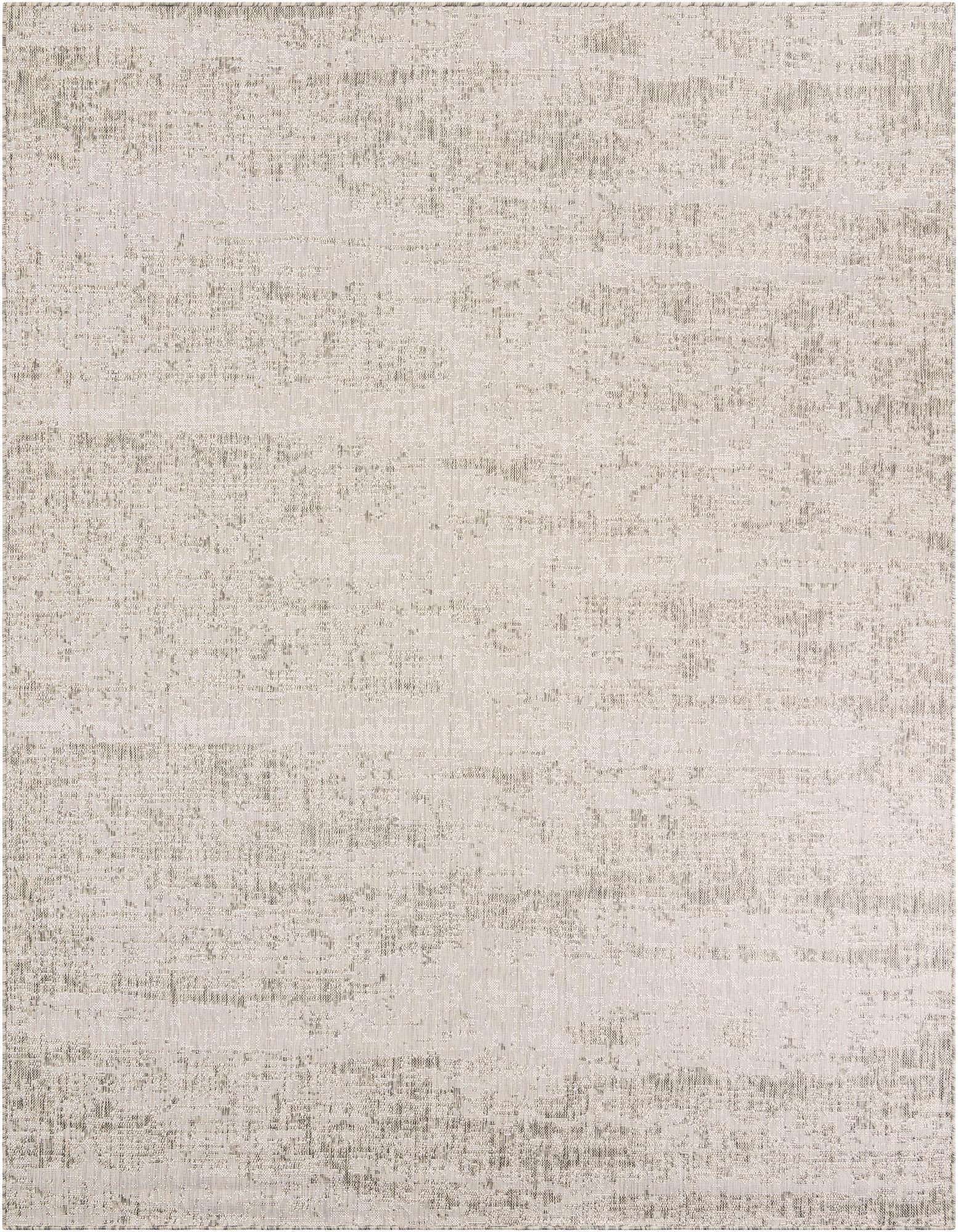 An 8x10 rectangular gray indoor/outdoor rug with a subtle textured, vintage-inspired pattern, ideal for a patio or living room.