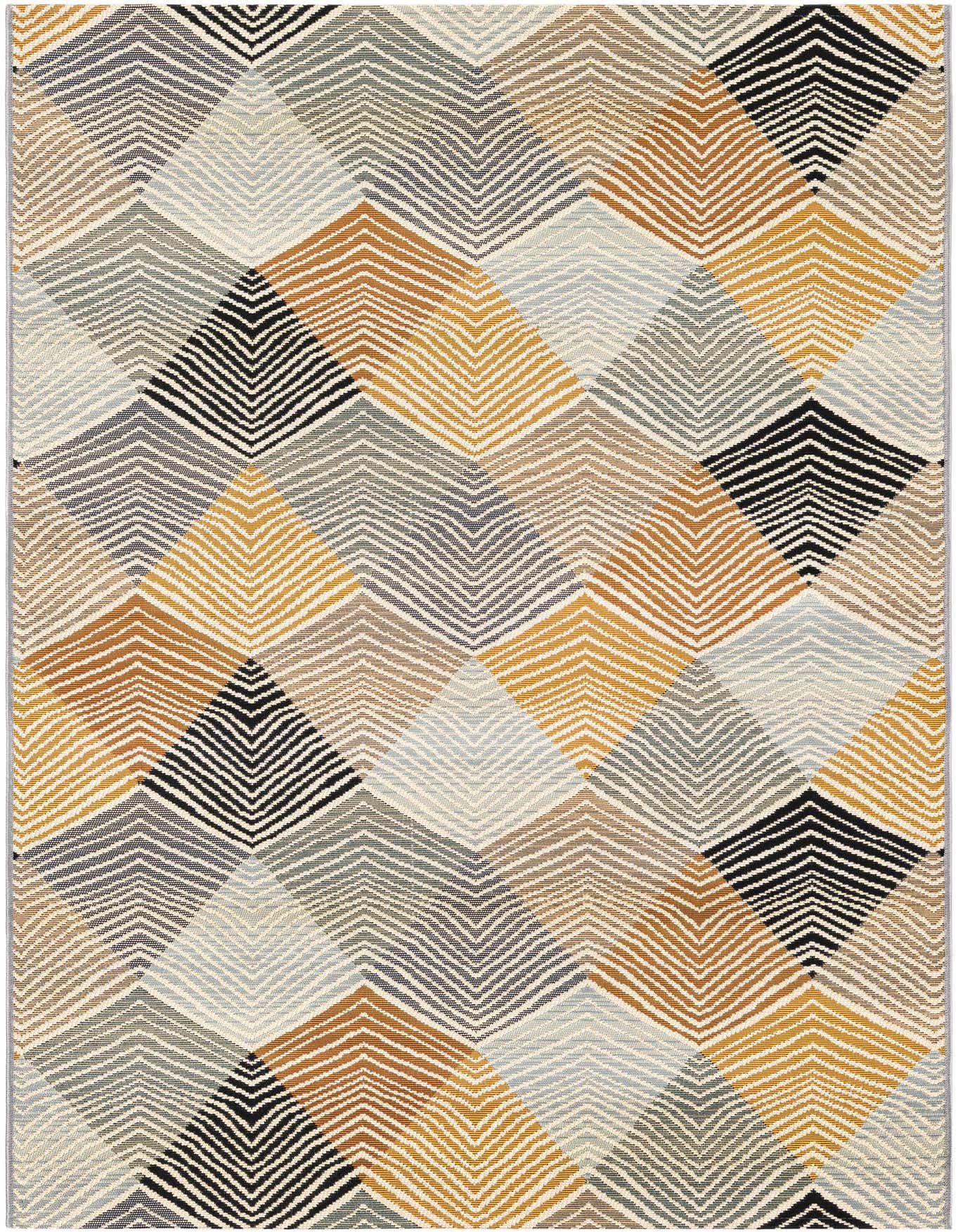 A 4x6 rectangular indoor/outdoor rug with a modern abstract pattern of chevron-filled diamonds in gray, silver, gold, and black.