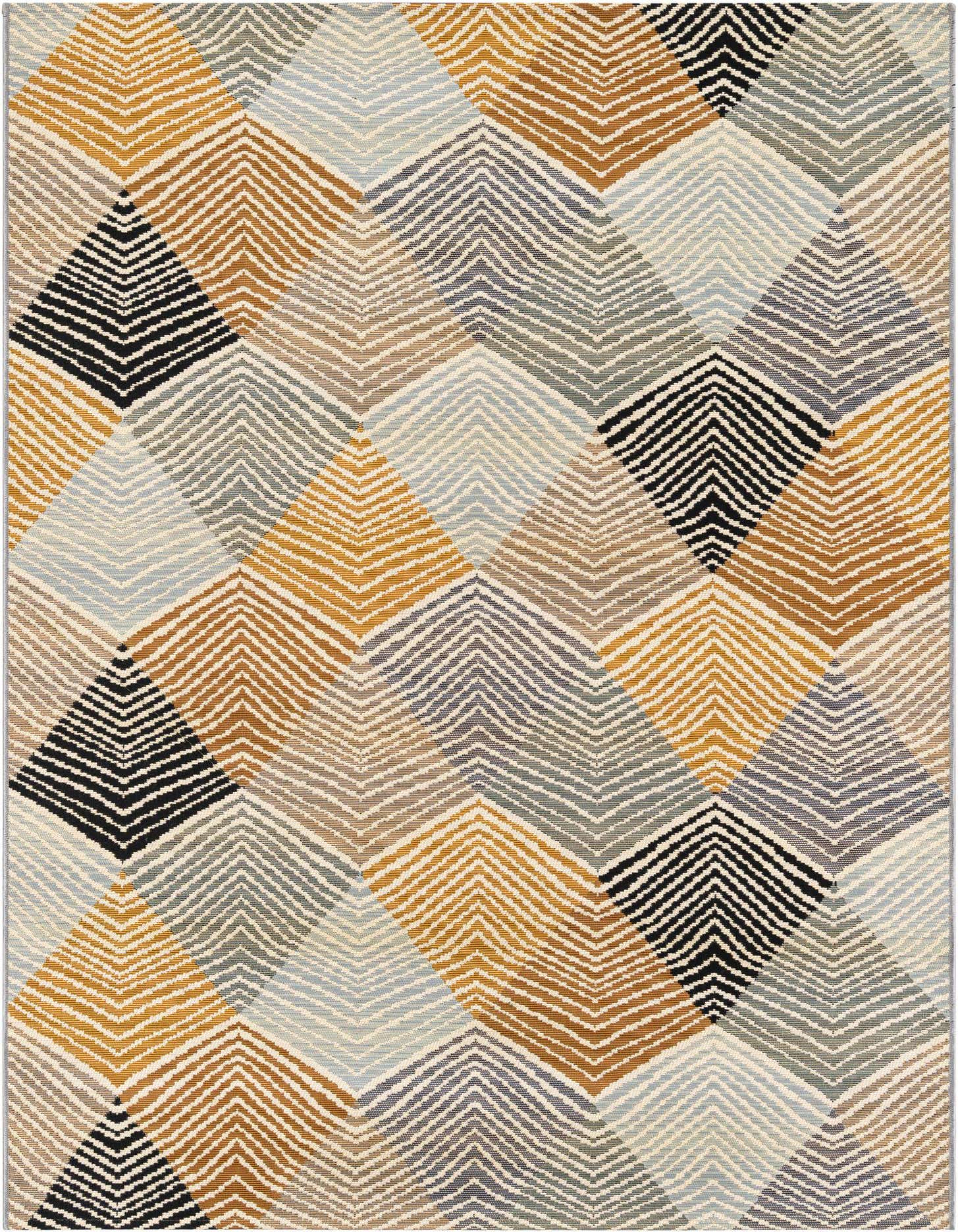 A 5x7 rectangular Rugs.com Outdoor Modern rug featuring an abstract geometric pattern in shades of gray, silver, gold, and black.