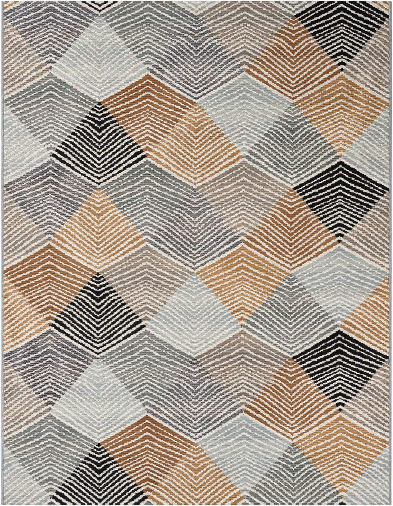 A 5x8 rectangular rug with a modern abstract pattern of interlocking chevron triangles in shades of gray, silver, brown, and black.