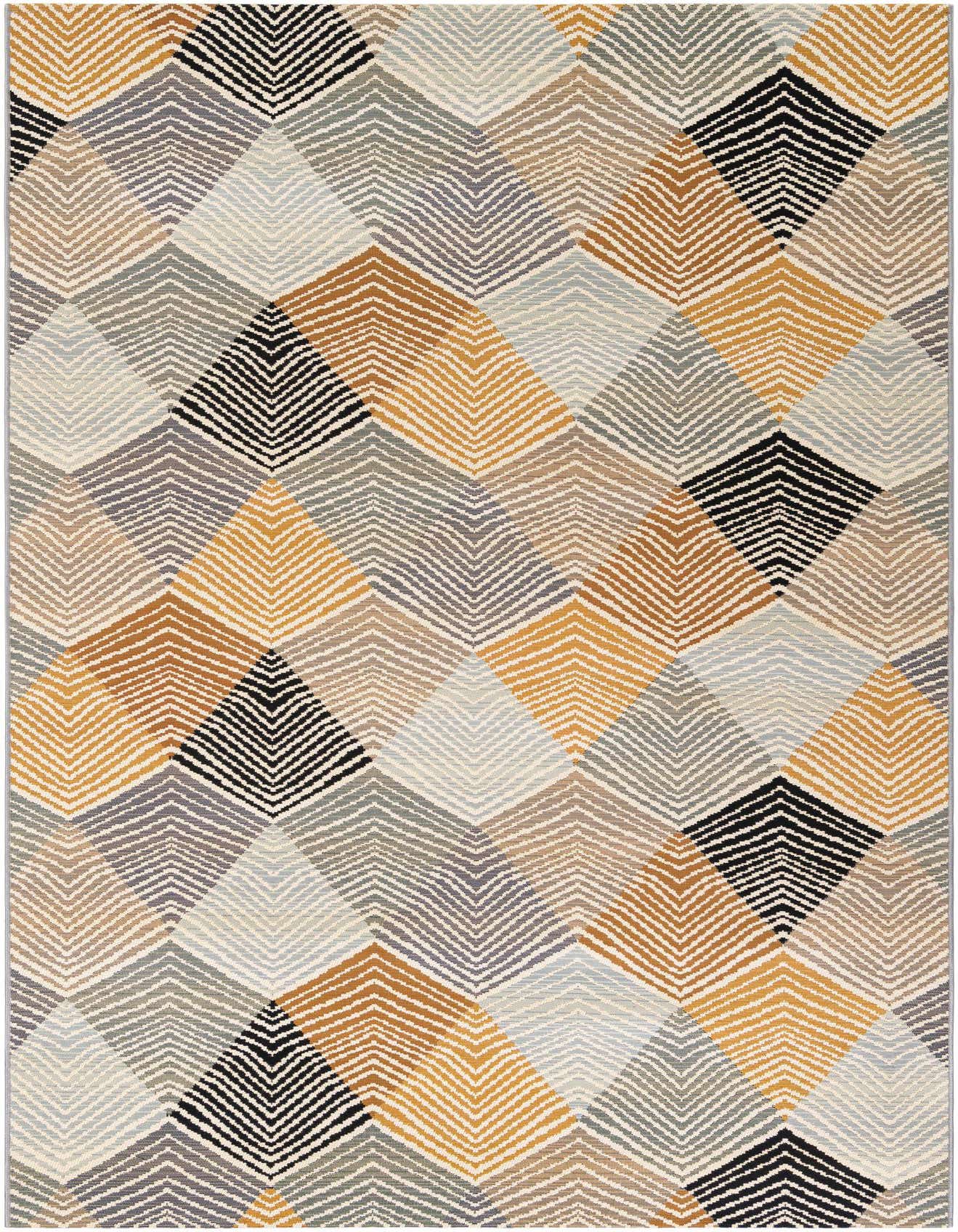 A 6x9 rectangular modern area rug featuring an abstract geometric pattern of interlocking chevron shapes in shades of gray, silver, gold, brown, and black.