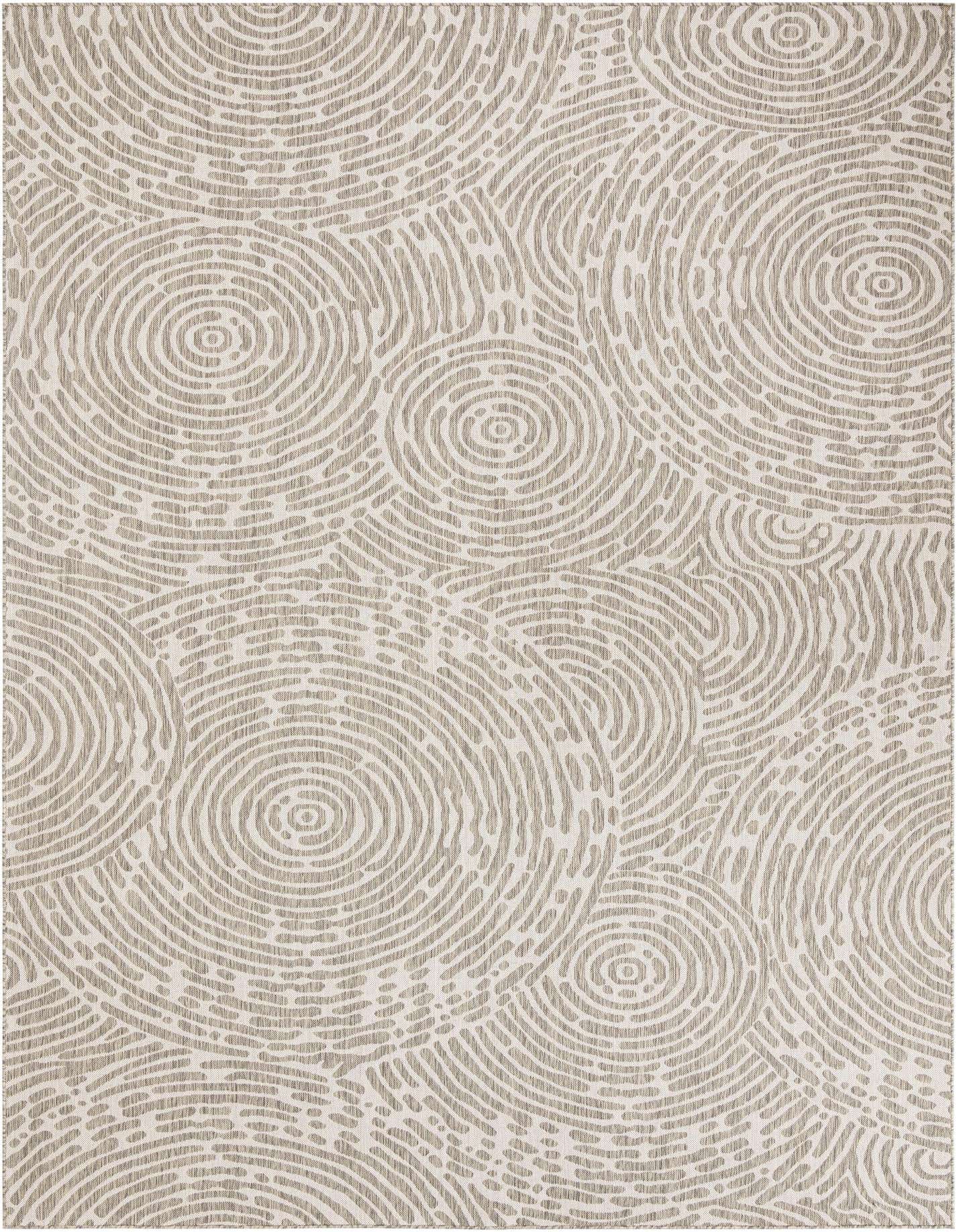 A 10x14 rectangular gray modern abstract rug featuring a pattern of concentric circles and organic lines on a light background.