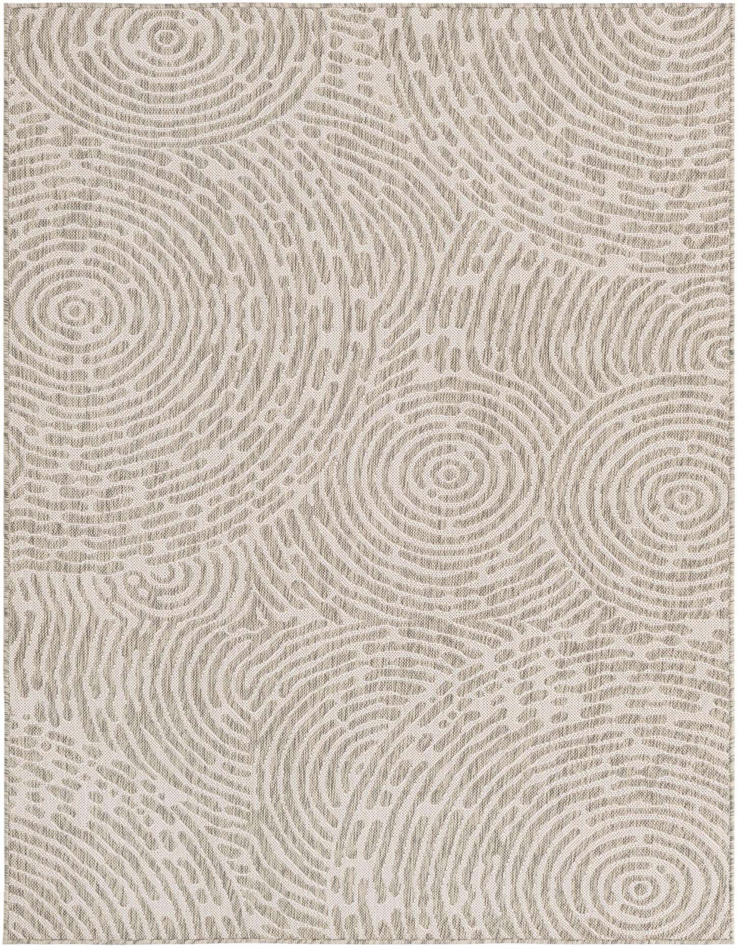 A 5x7 rectangular gray modern abstract rug with a textured pattern of concentric circles and wavy lines.