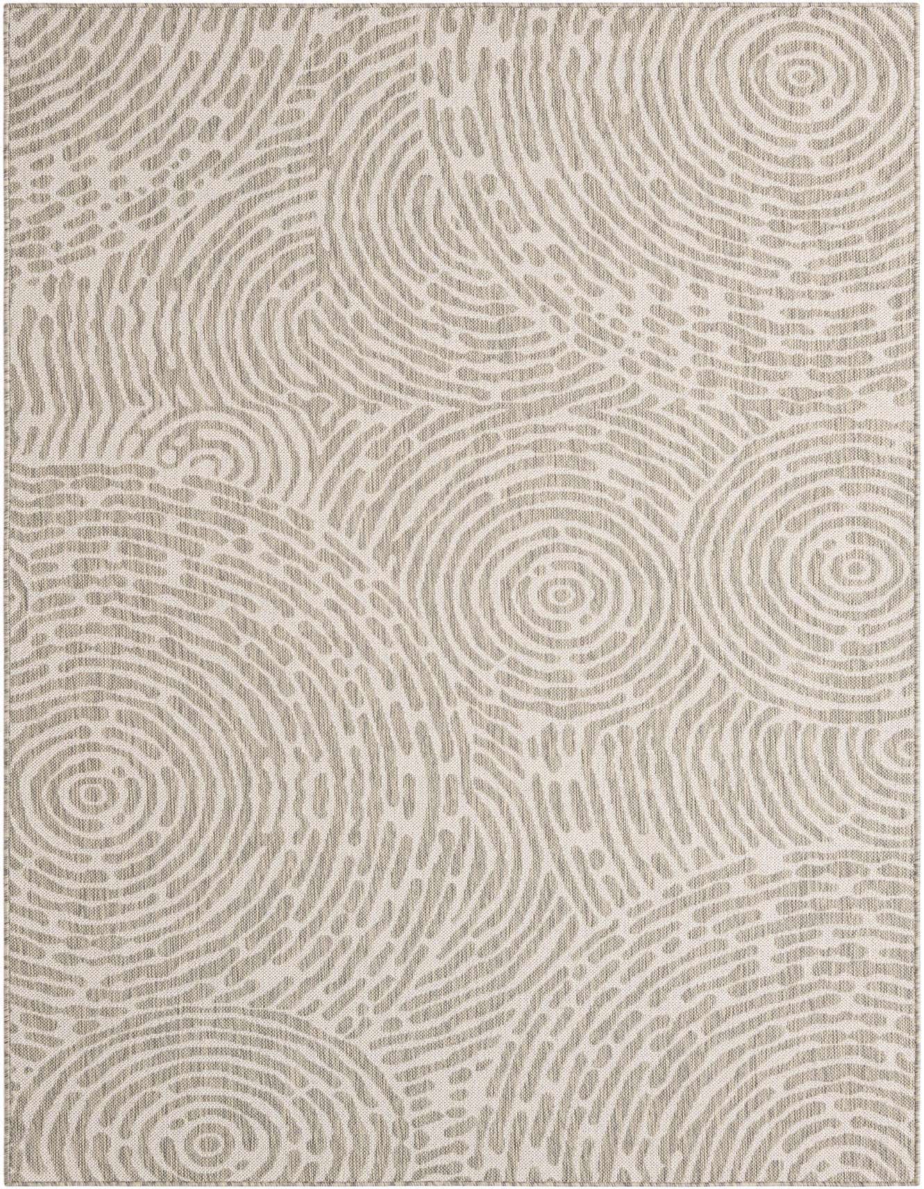 A 5x8 rectangular gray modern abstract rug with a textured, flatweave pattern of organic swirling lines.