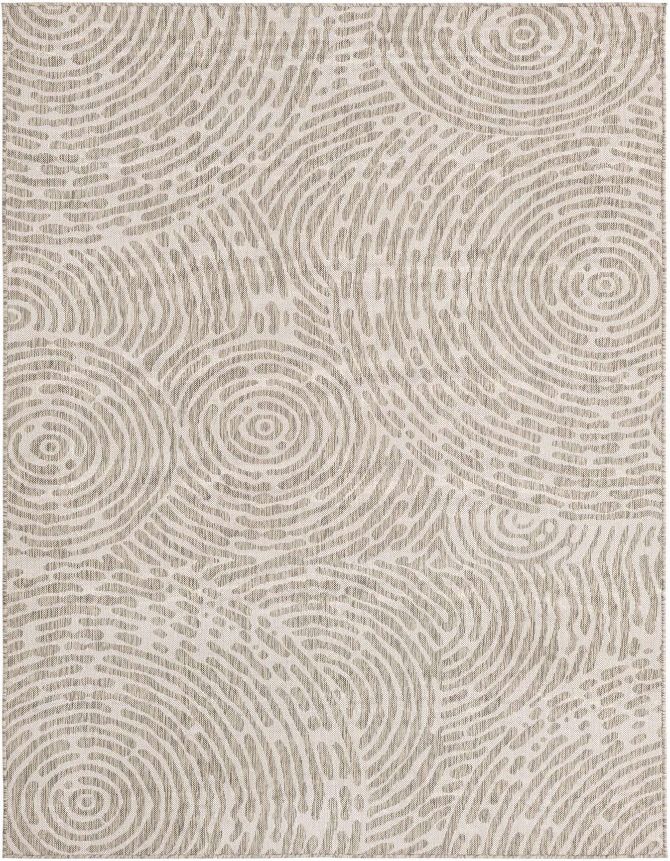 A 6x9 rectangular gray modern abstract rug with a textured, flatweave pattern of swirling lines and circles.
