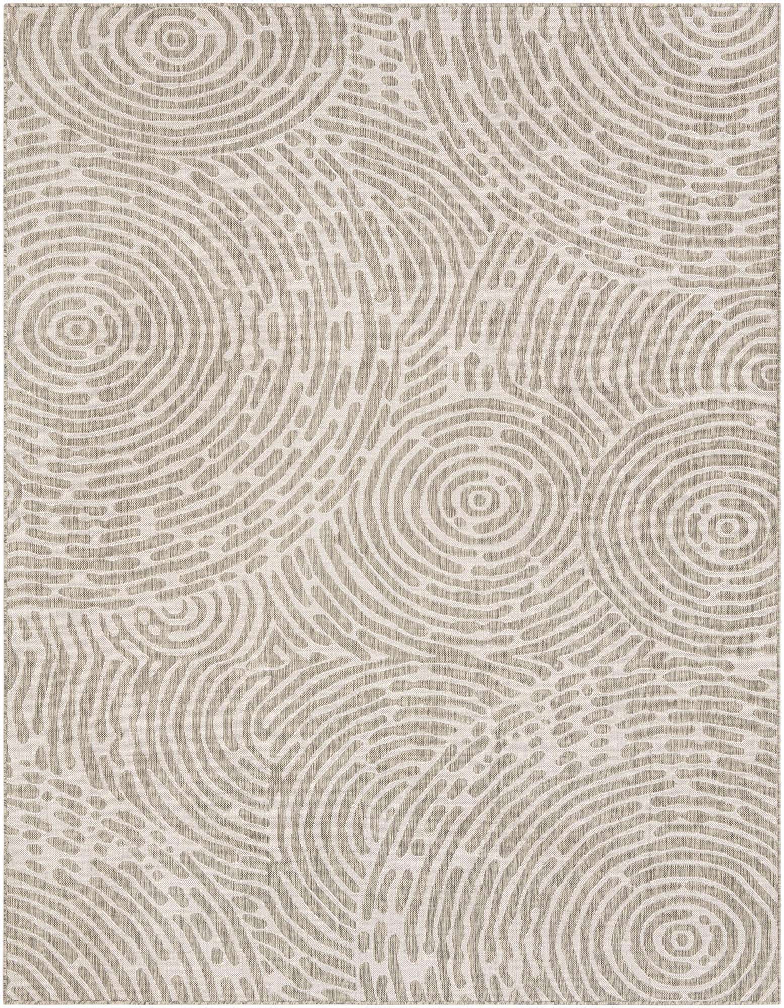 An 8x10 rectangular gray modern abstract rug with a textured, flatweave pattern of swirling lines and circles.