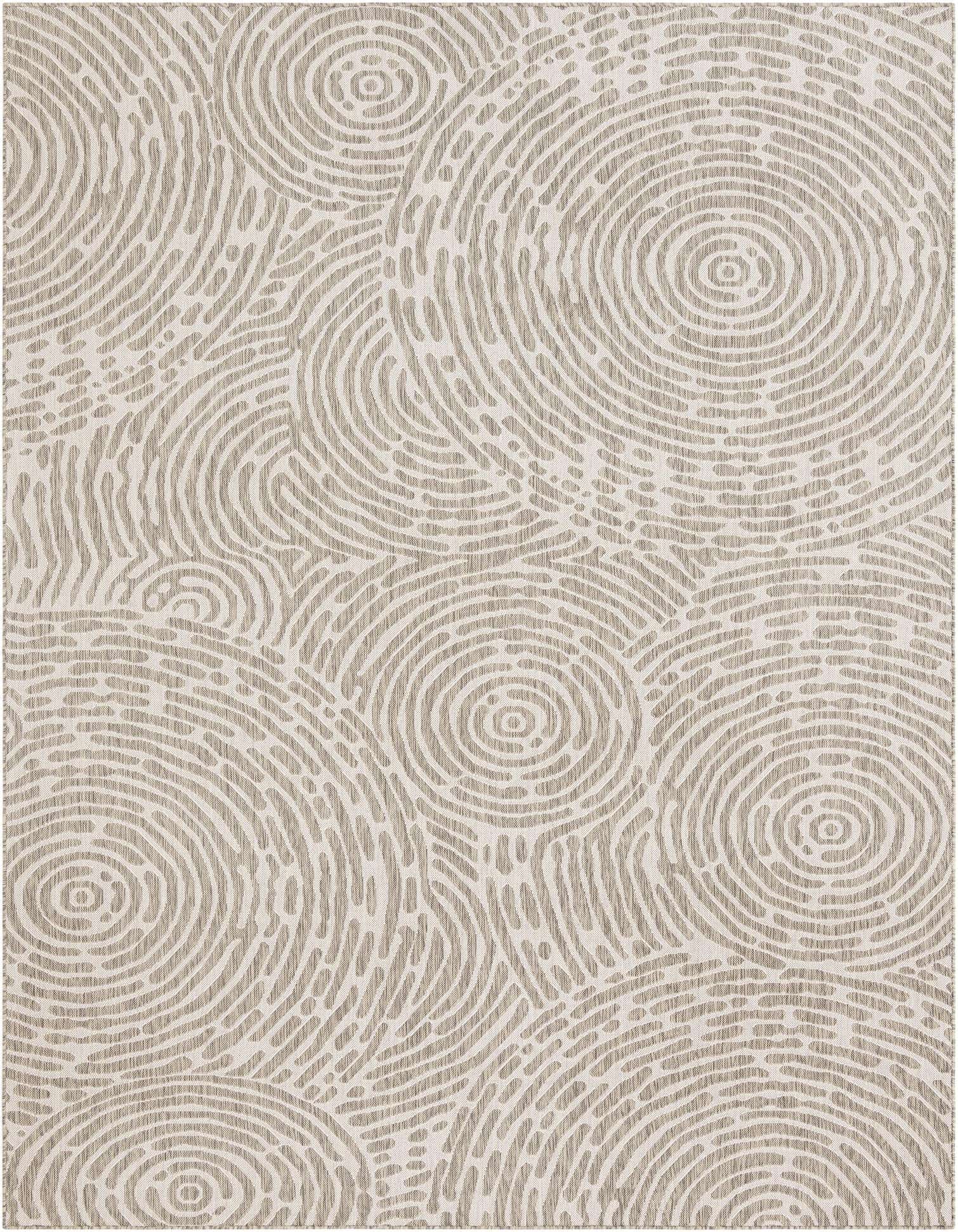 A 9x12 rectangular gray modern abstract rug with a textured pattern of concentric circles and organic lines.