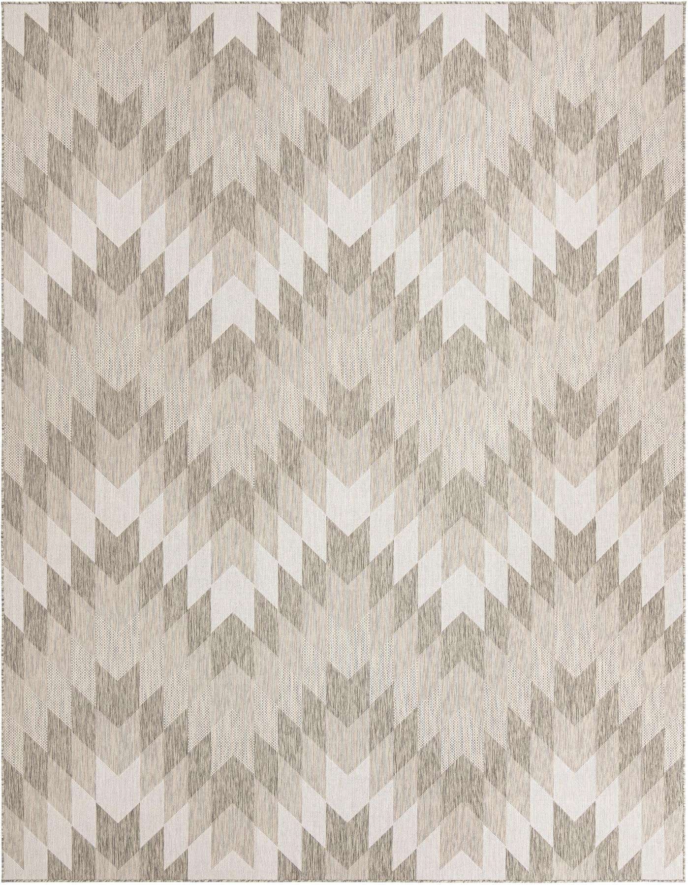 A 10x14 rectangular gray and silver tribal pattern rug with a modern chevron design, suitable for indoor or outdoor use.