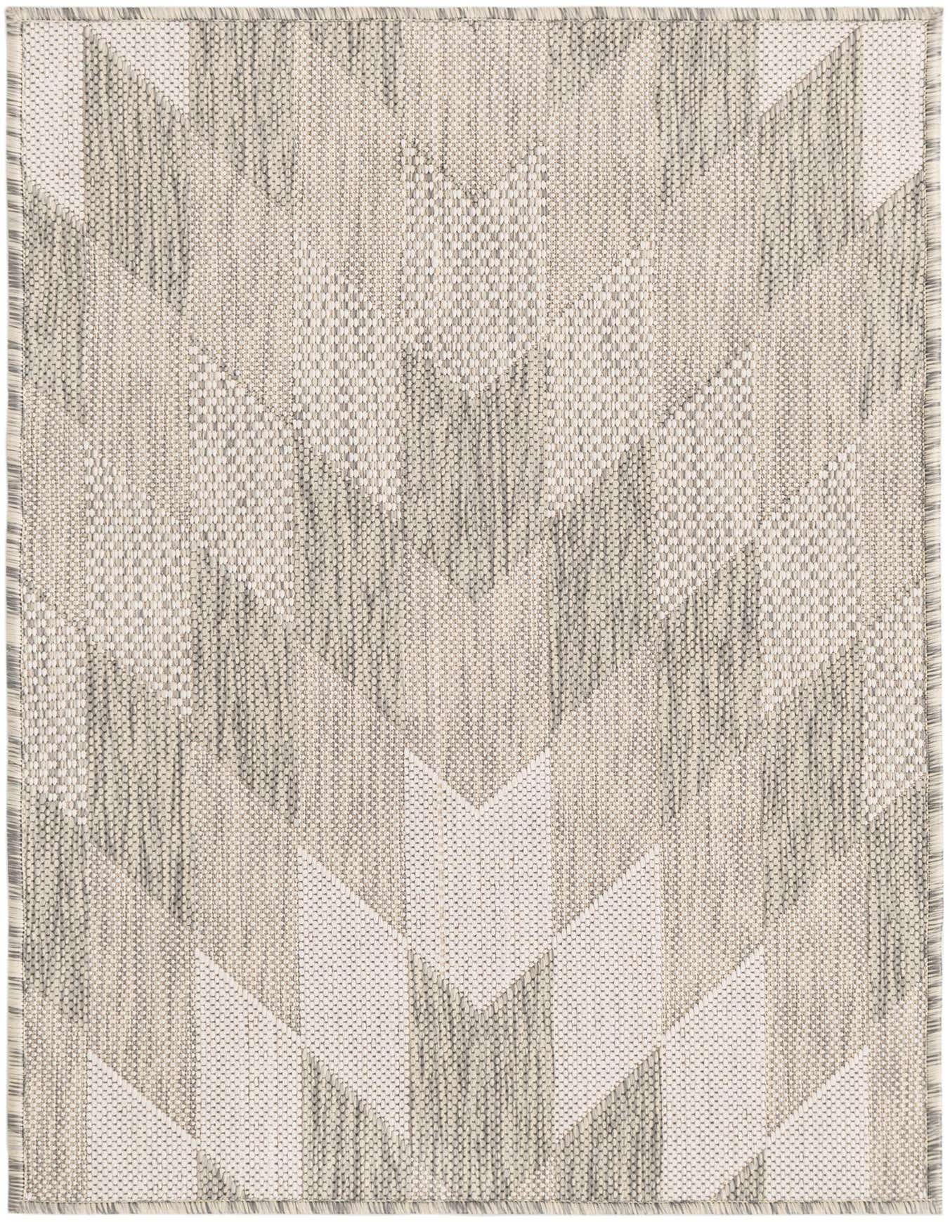 A 2x3 rectangular gray and silver tribal rug with a modern geometric stripe pattern, suitable for indoor or outdoor use.