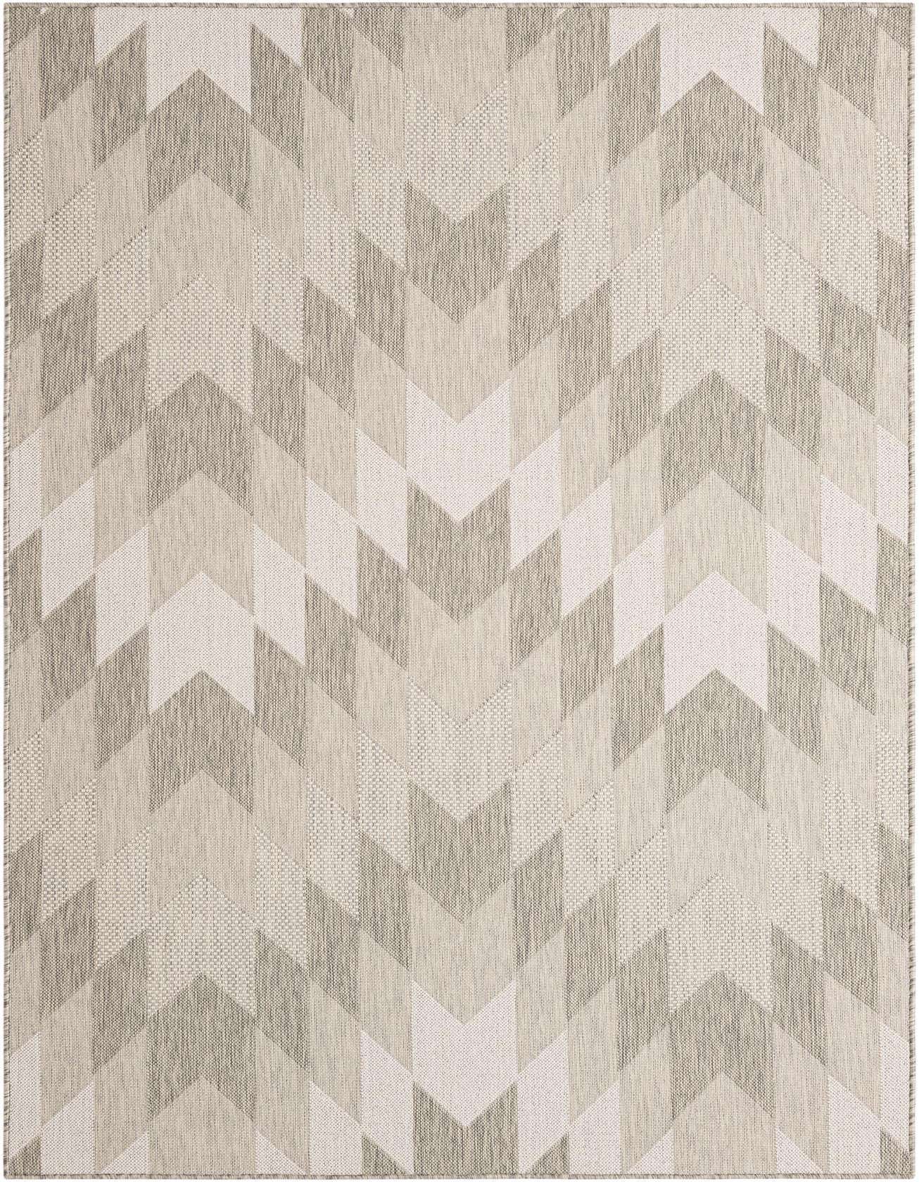 A 5x8 rectangular gray and silver tribal flatweave rug with a modern chevron pattern, suitable for indoor/outdoor use.