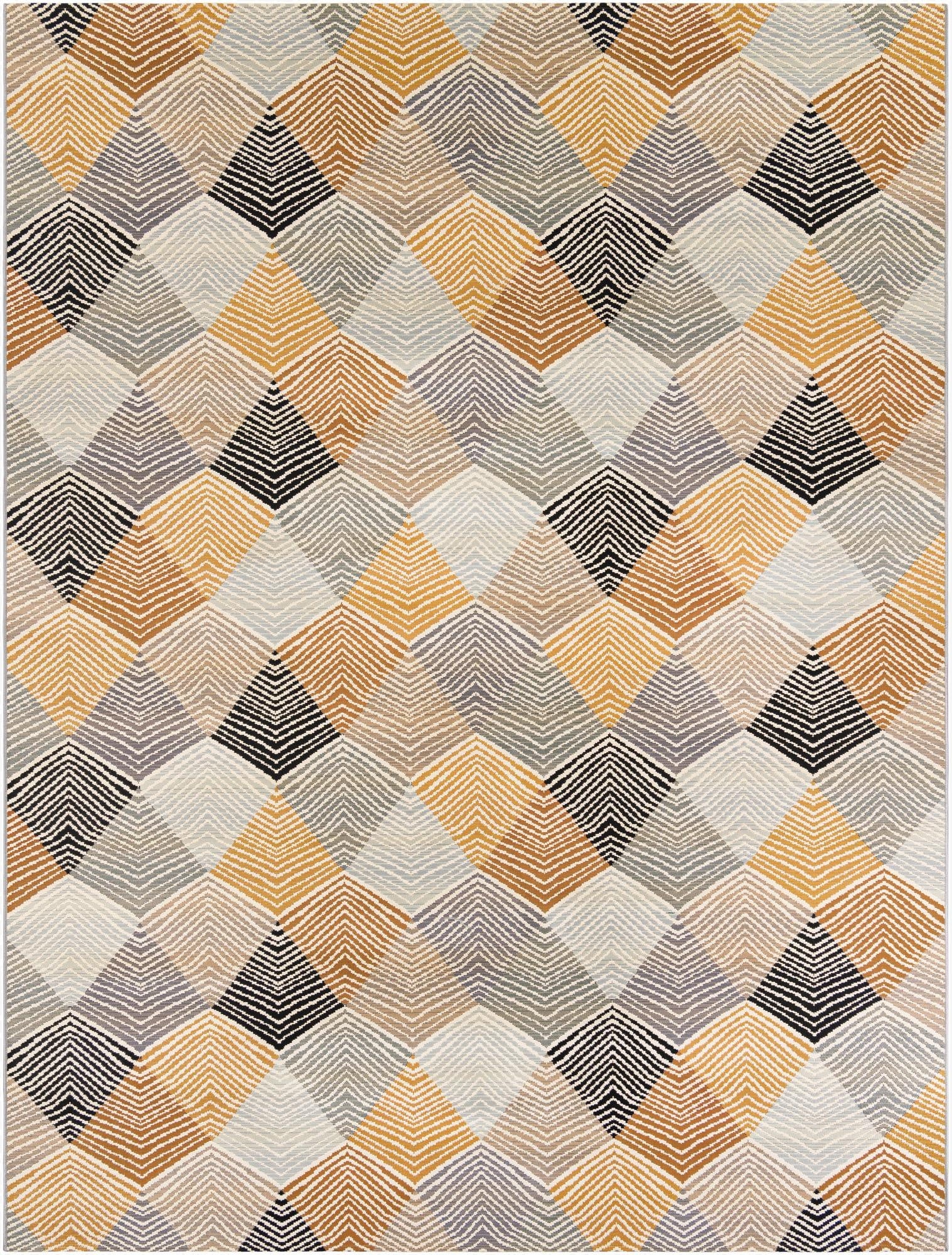 A 9x12 rectangular indoor/outdoor rug featuring a modern abstract pattern of interlocking chevron diamonds in shades of gray, silver, gold, and black.