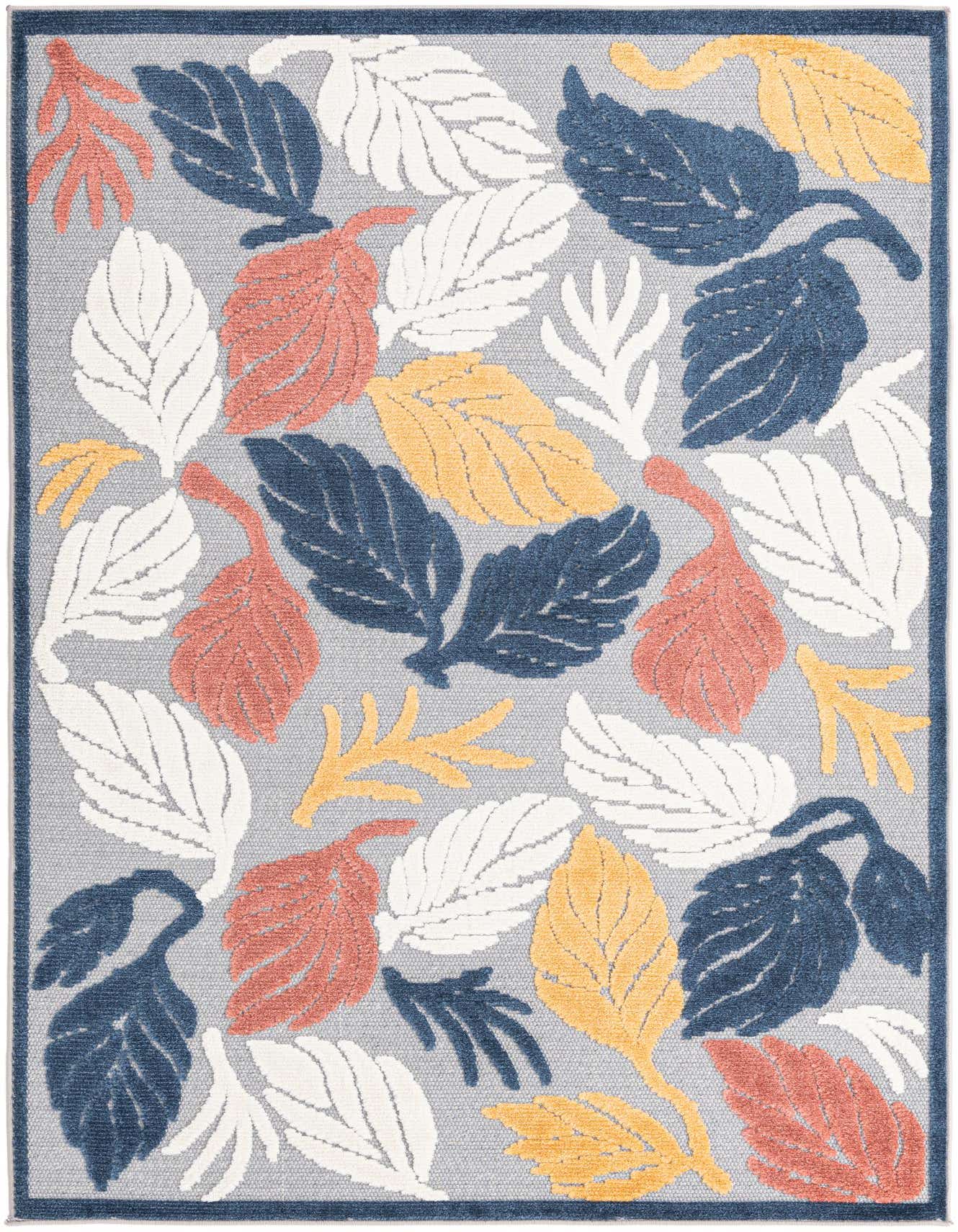 A 5x8 rectangular gray rug with a modern leaf pattern in navy, coral, yellow, and white, suitable for indoor or outdoor use.