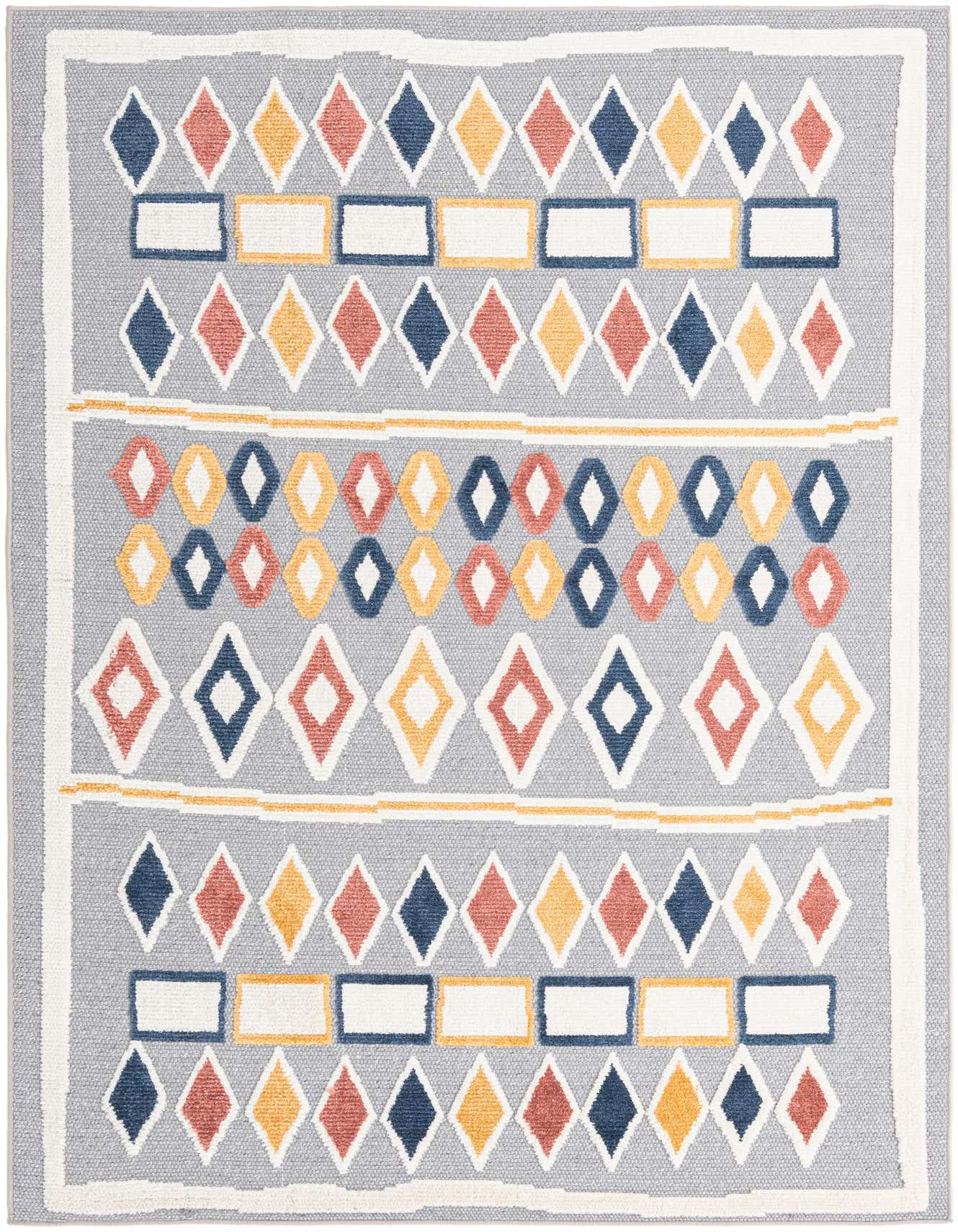 A 5x8 rectangular gray modern flatweave rug with a geometric pattern of blue, coral, and yellow diamonds and rectangles.
