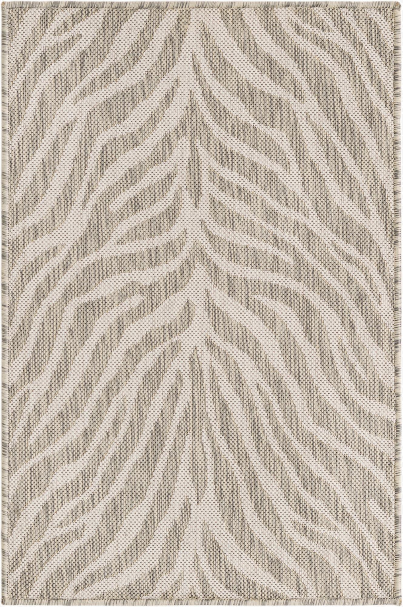 A 2x3 rectangular Rugs.com Outdoor Safari rug with a modern gray and silver stripe pattern, suitable for indoor or outdoor use.