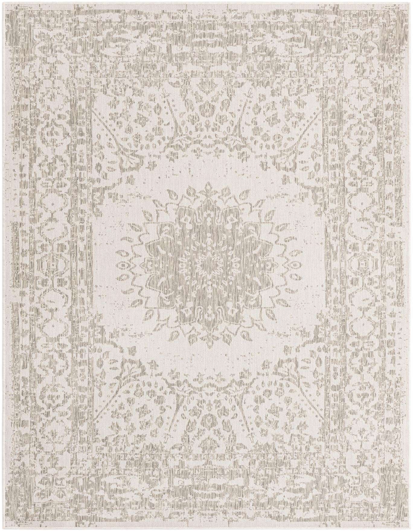 A 6x9 rectangular gray and silver indoor/outdoor rug with a distressed traditional medallion and border pattern.