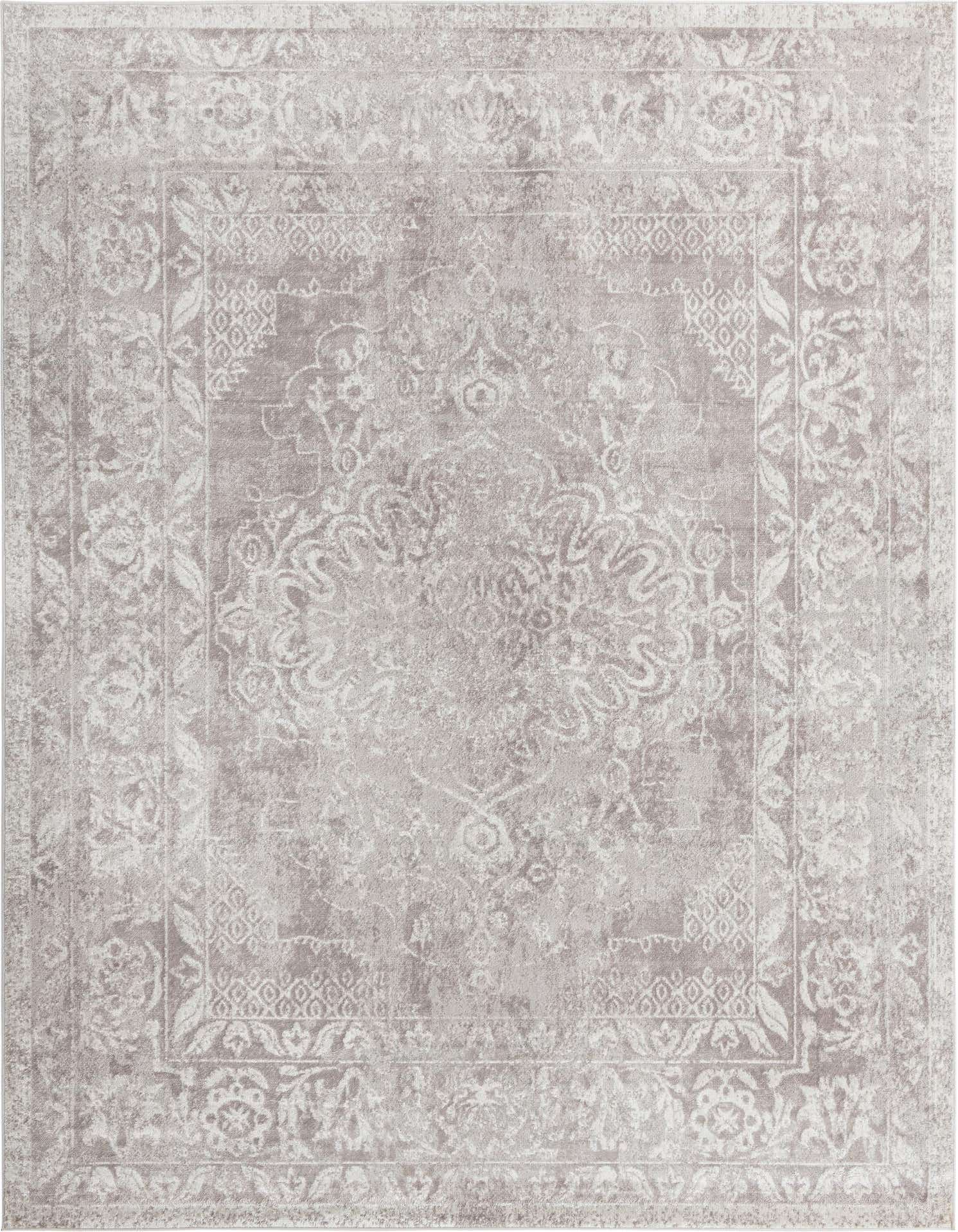A 10x13 rectangular gray and silver traditional area rug with a vintage medallion pattern.