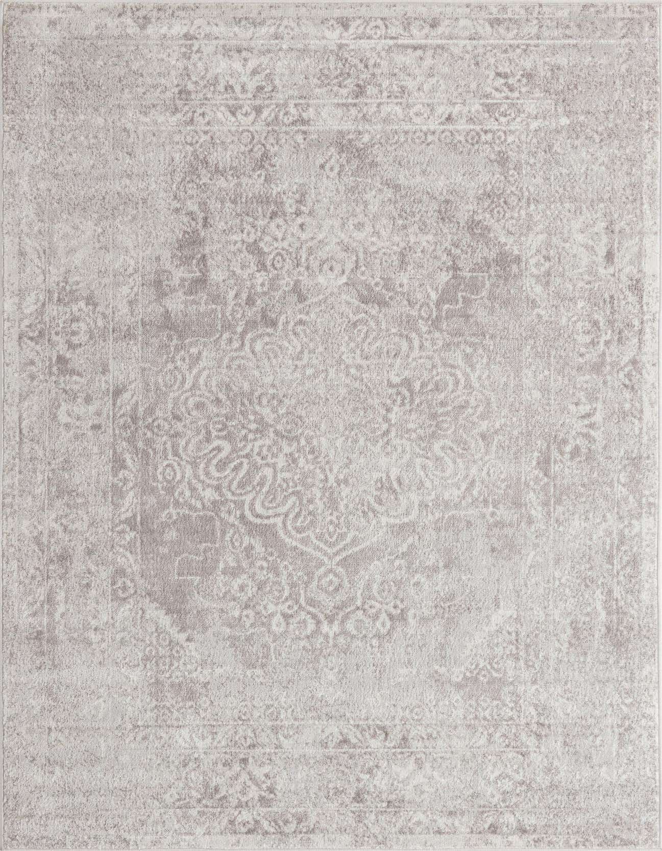 A 6x9 rectangular gray area rug with a faded traditional medallion pattern, ideal for a living room.