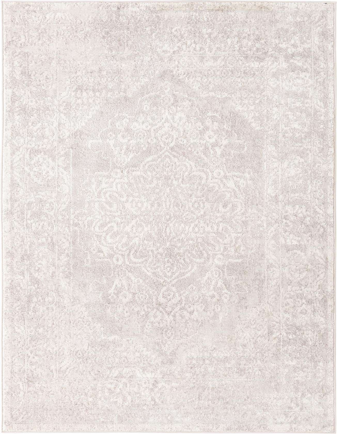 A 5x8 rectangular gray traditional area rug with a subtle vintage medallion pattern, ideal for a living room.