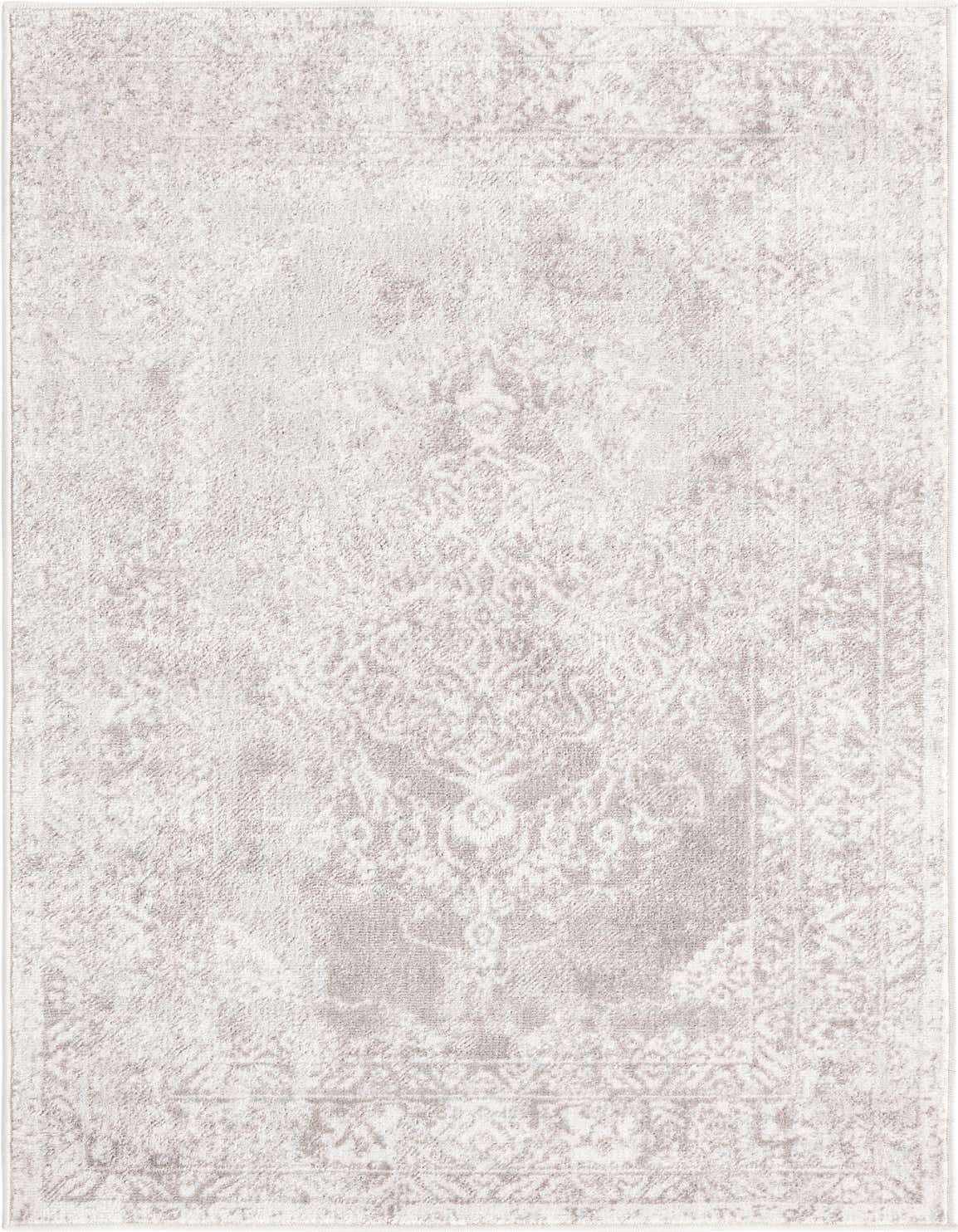 A 2x3 rectangular gray and silver traditional medallion rug with a vintage, distressed look, ideal for an entryway.