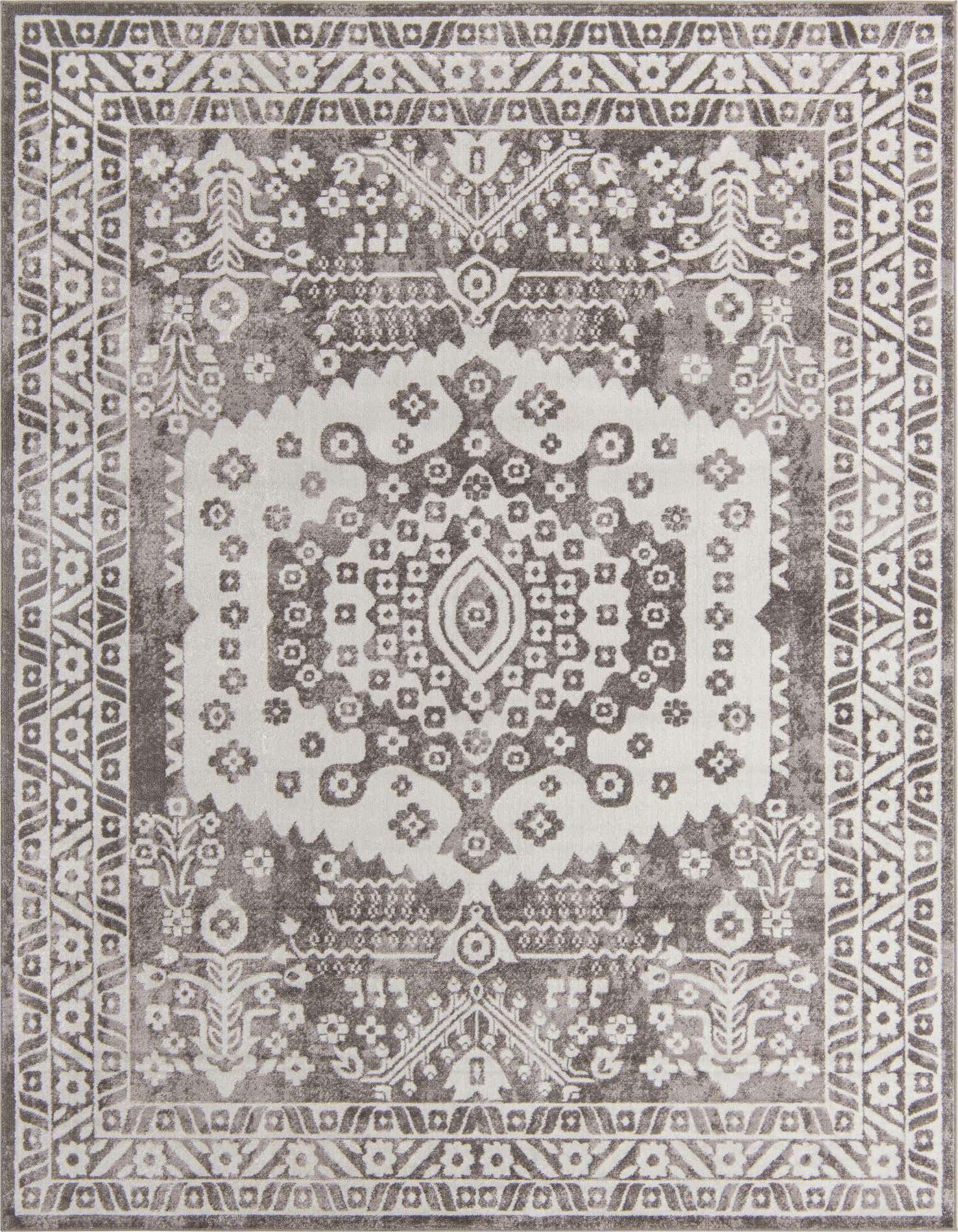 A 9x12 rectangular gray and silver Bohemian rug with a distressed medallion pattern and floral border.