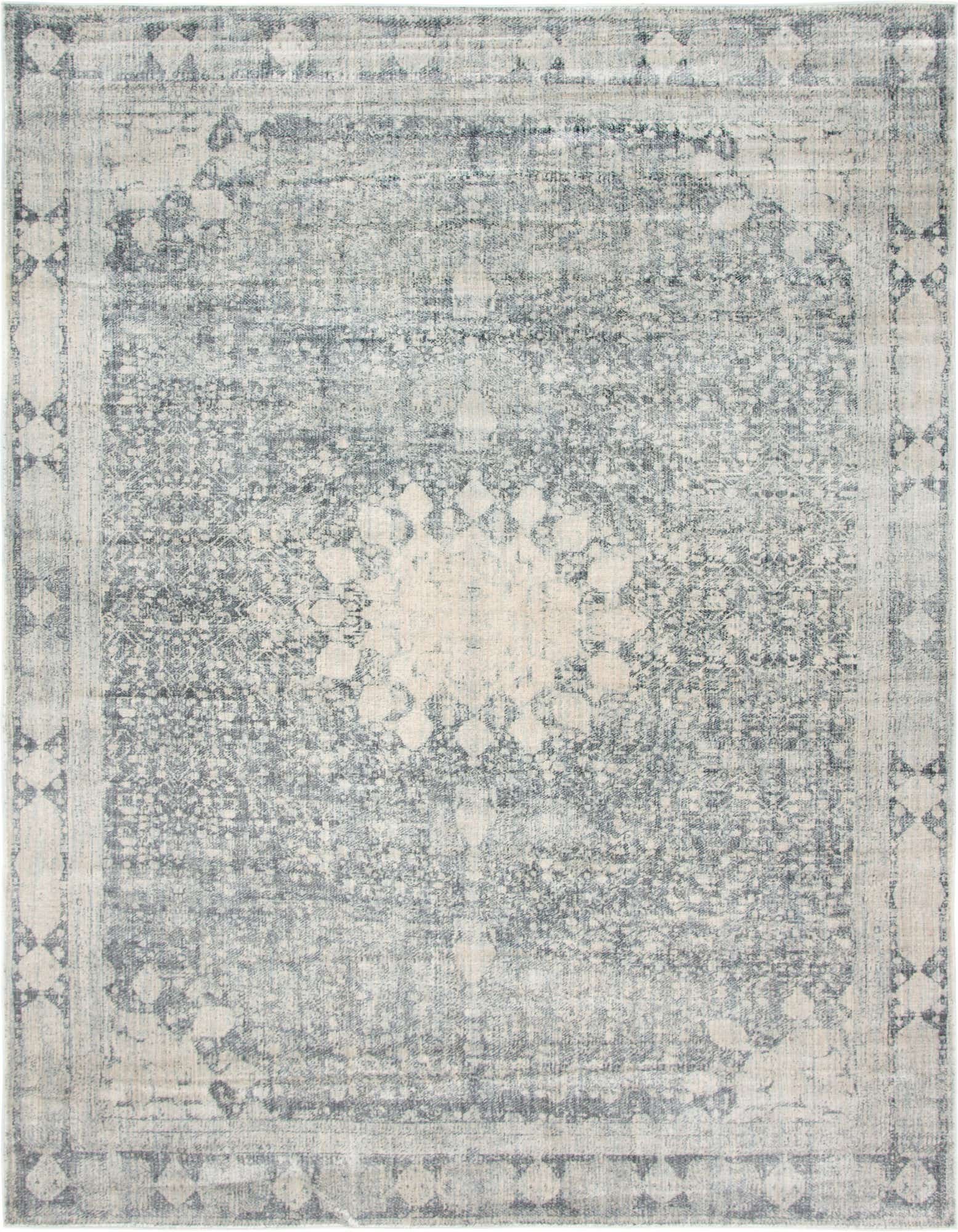 A 9x12 rectangular gray area rug with a faded traditional medallion and border pattern, suitable for a living room.
