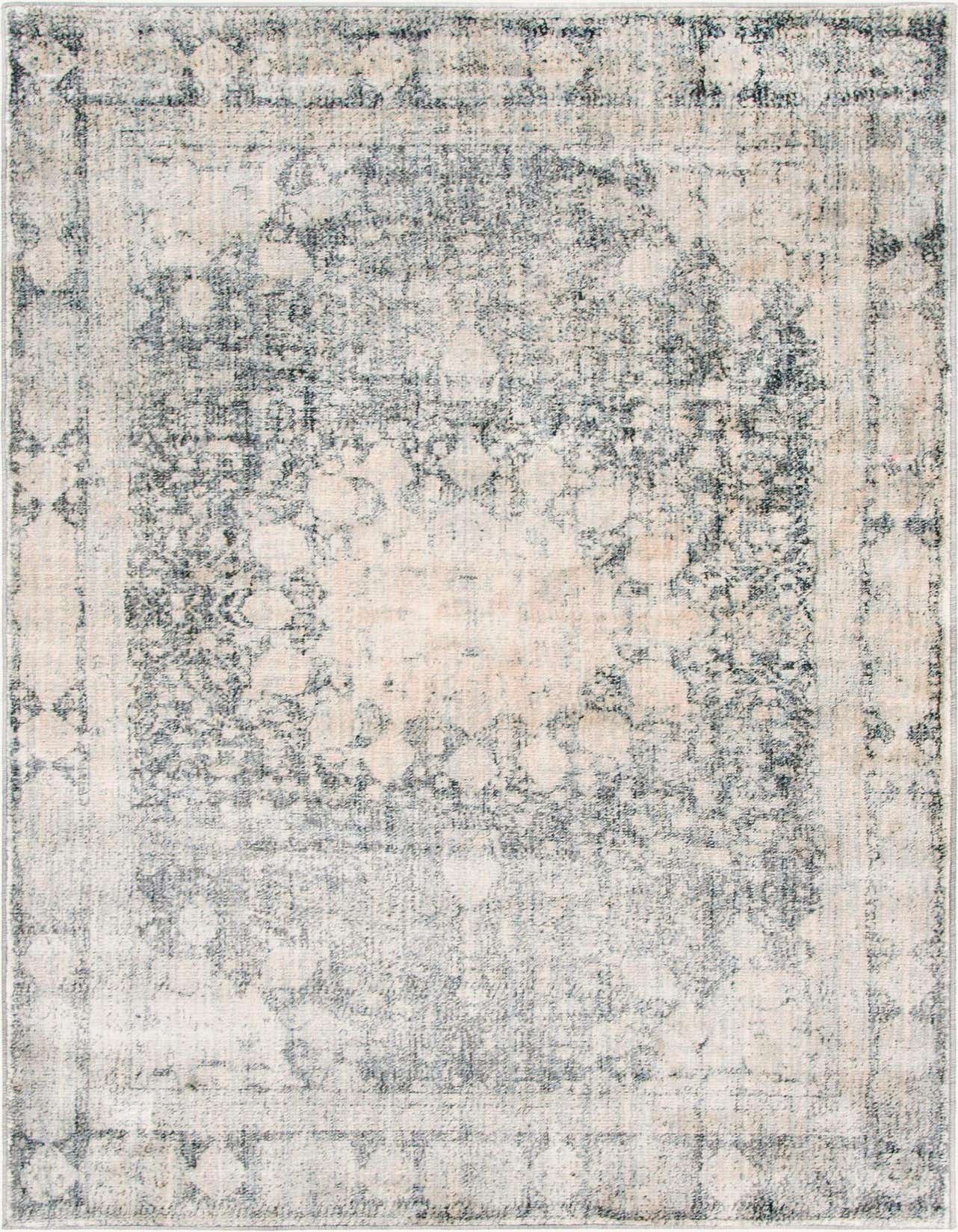 A 5x8 rectangular Oxfordshire rug in grays and silvers with a faded medallion and bohemian pattern, suitable for a living room.