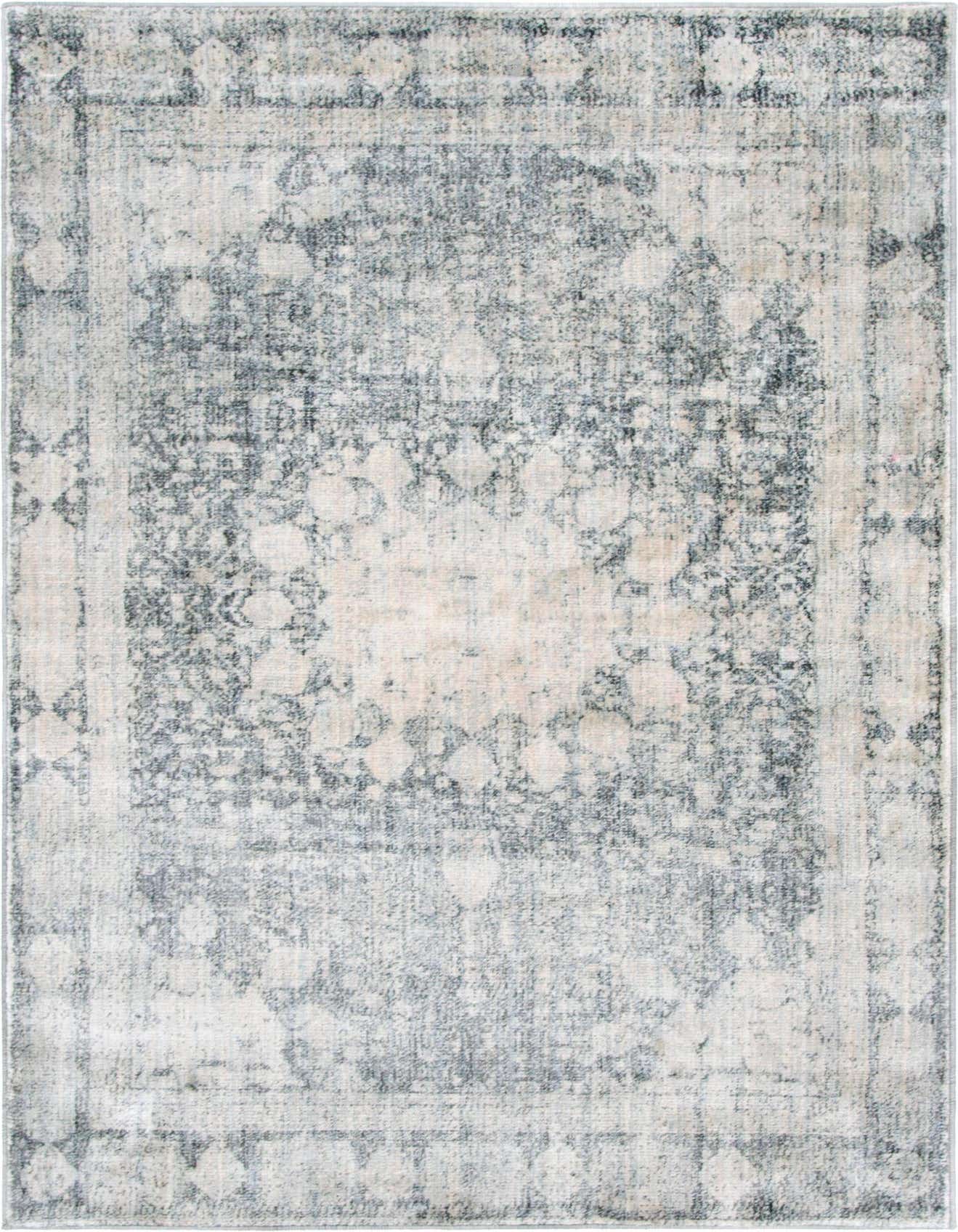 A 4x6 rectangular Rugs.com Oxfordshire rug featuring a faded gray medallion and border pattern on a light background.