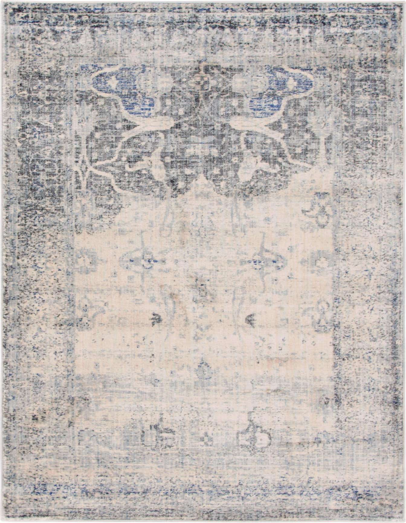 A rectangular 4x6 gray and off-white shabby-chic rug with a faded traditional medallion pattern, ideal for a living room.