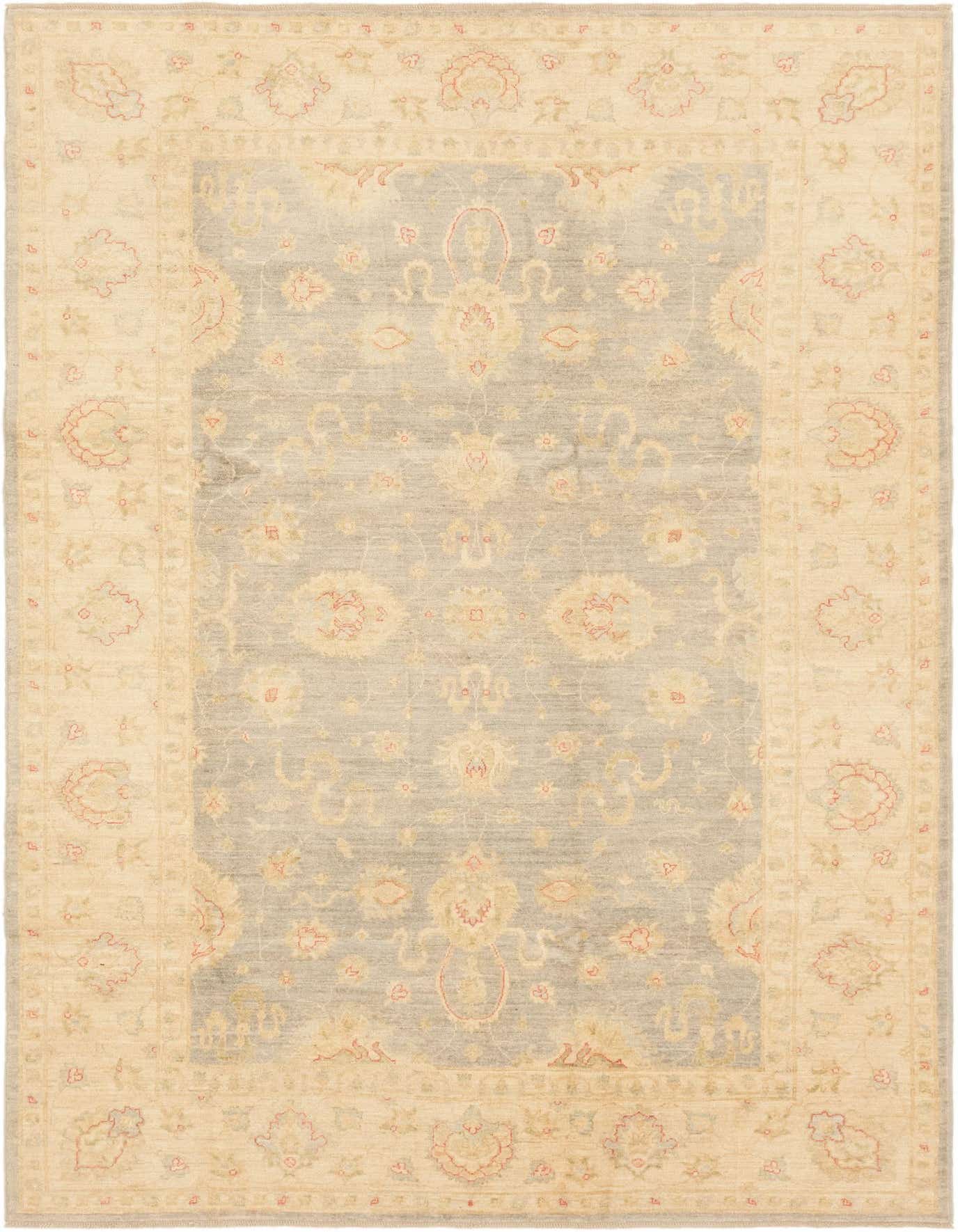 A rectangular 7x10 gray and beige traditional wool rug with an ornate floral and botanical pattern, suitable for a living room.