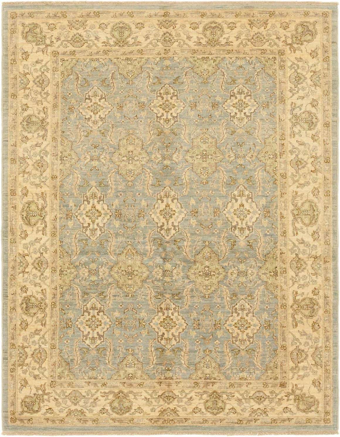 A 4x6 rectangular Peshawar Ziegler Persian rug with a light gray-blue field and an ornate beige border, featuring intricate floral and medallion patterns in muted tones.