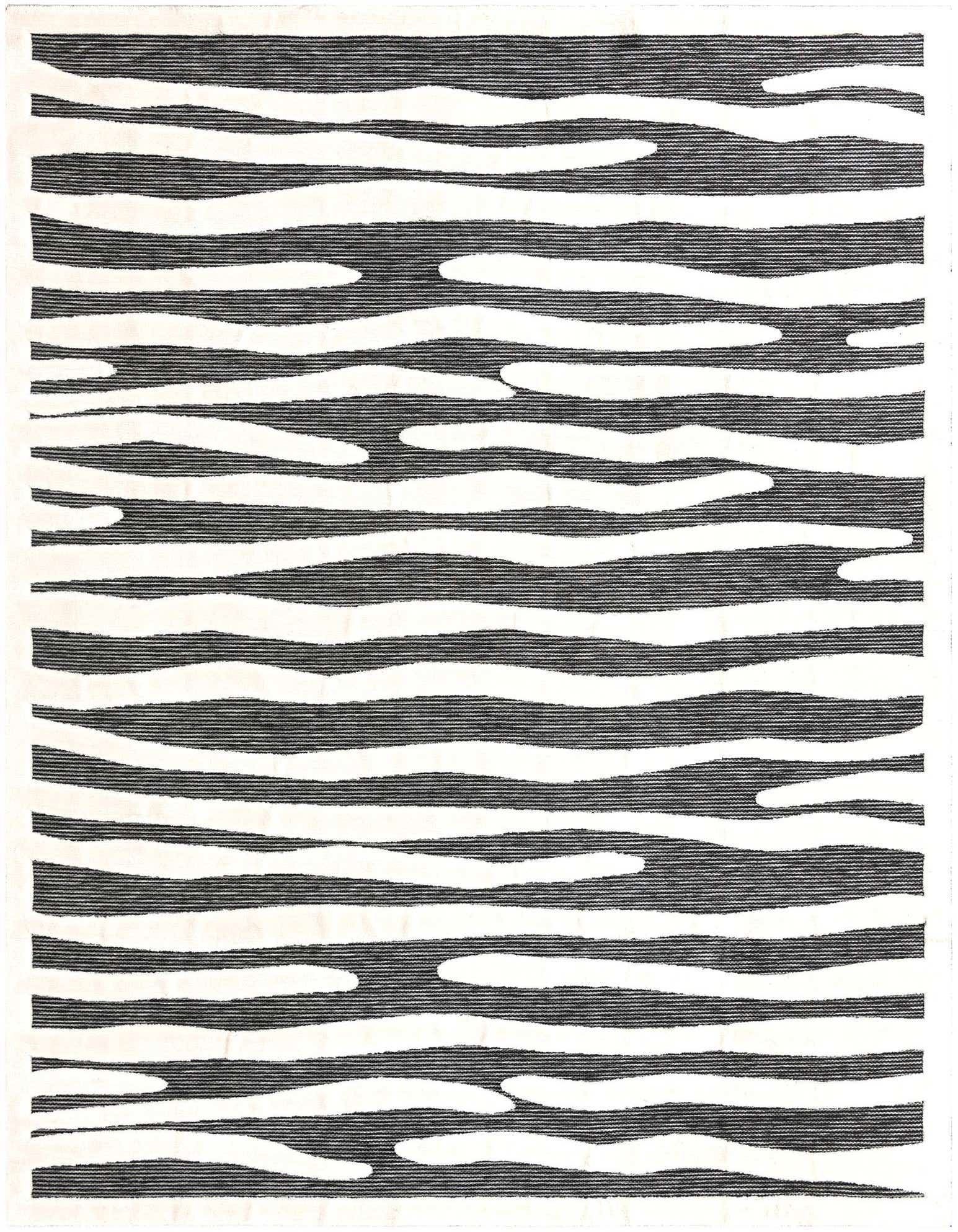 A 10x13 rectangular gray and white area rug featuring a modern abstract wavy stripe pattern.