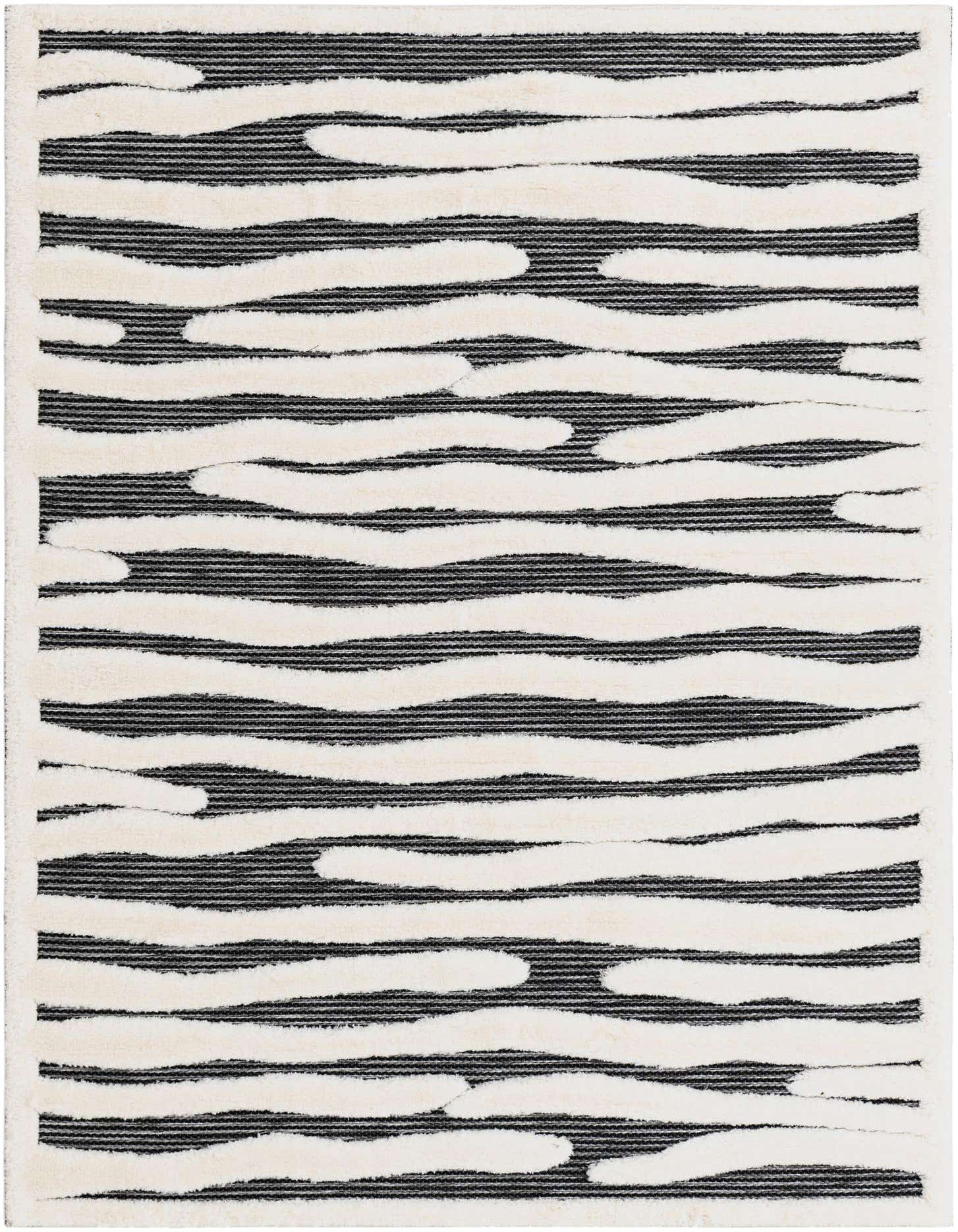 A 5x7 rectangular gray and white rug with a textured, wavy striped pattern, suitable for a modern living room or patio.