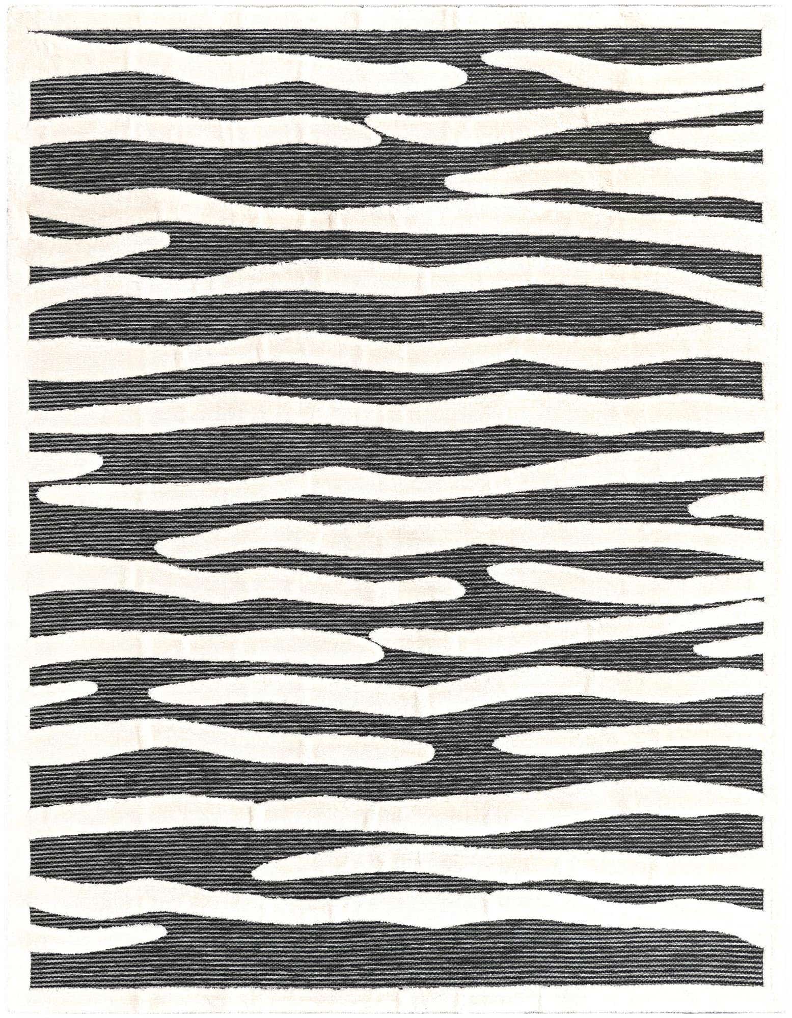 A rectangular 8x10 gray and white area rug with a modern abstract striped pattern, ideal for a living room.