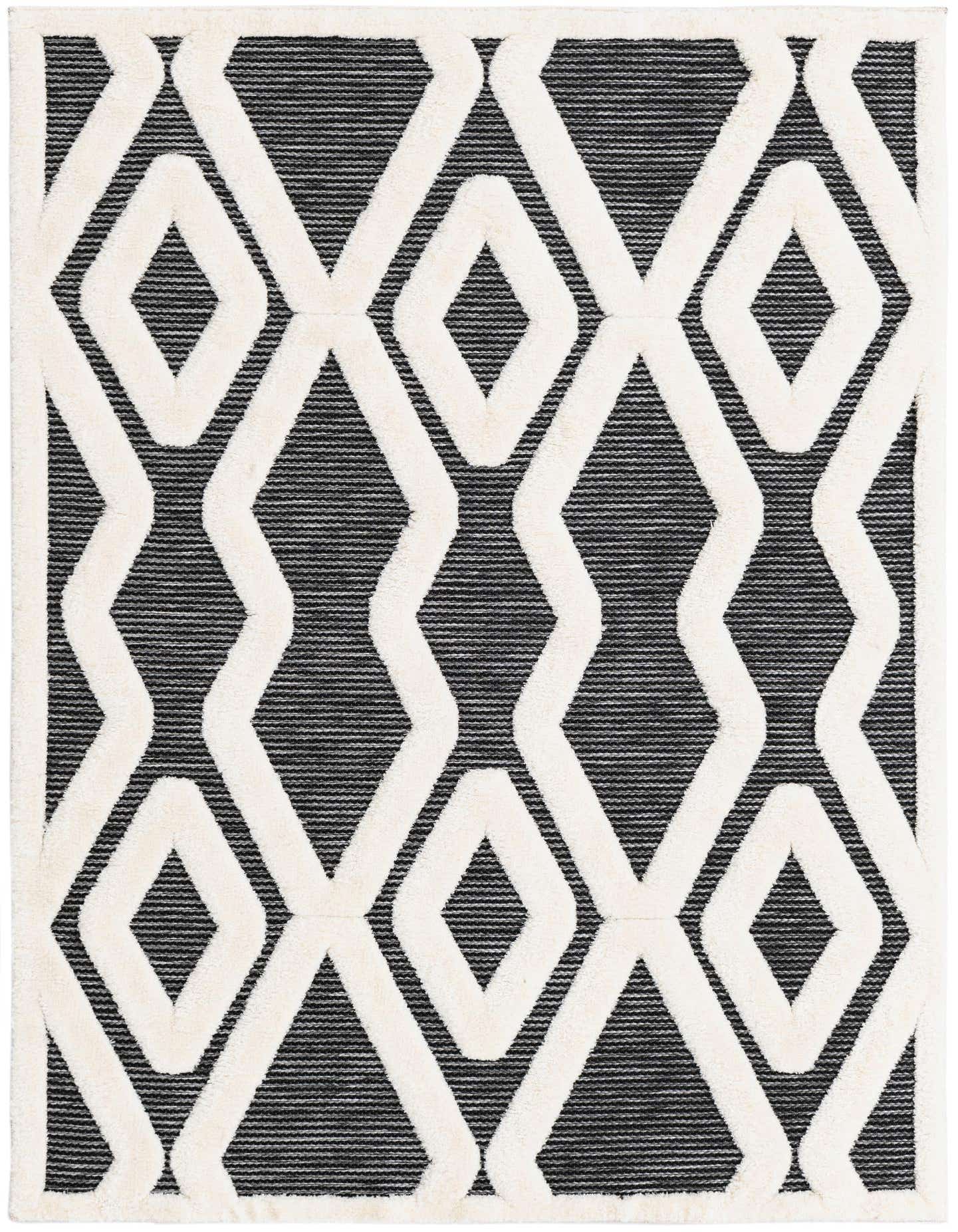 A 5x7 rectangular gray and ivory rug with a bold geometric diamond pattern, featuring a textured high pile.