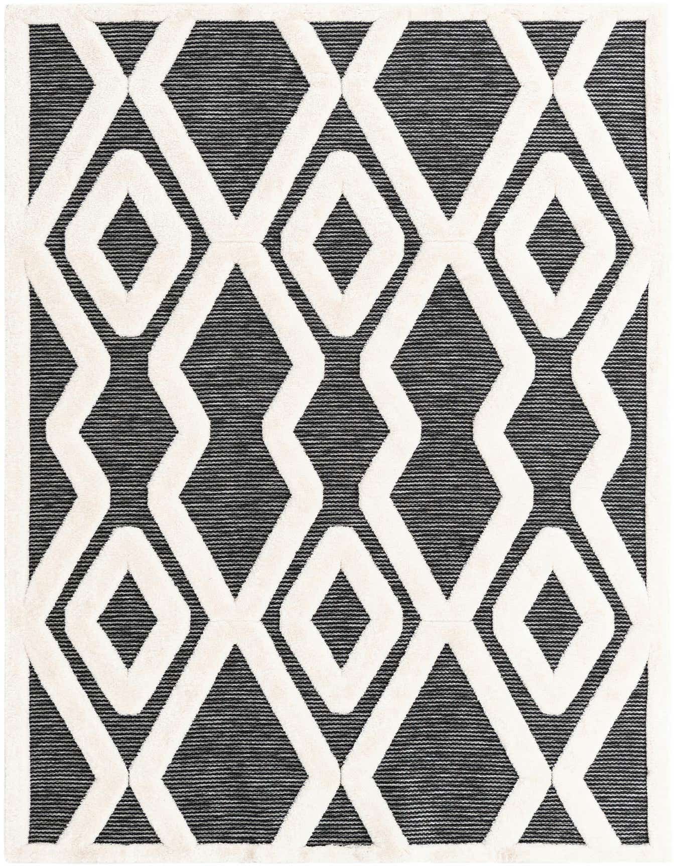 A 6x9 rectangular gray area rug with a bold, textured off-white geometric pattern, suitable for a modern living room.