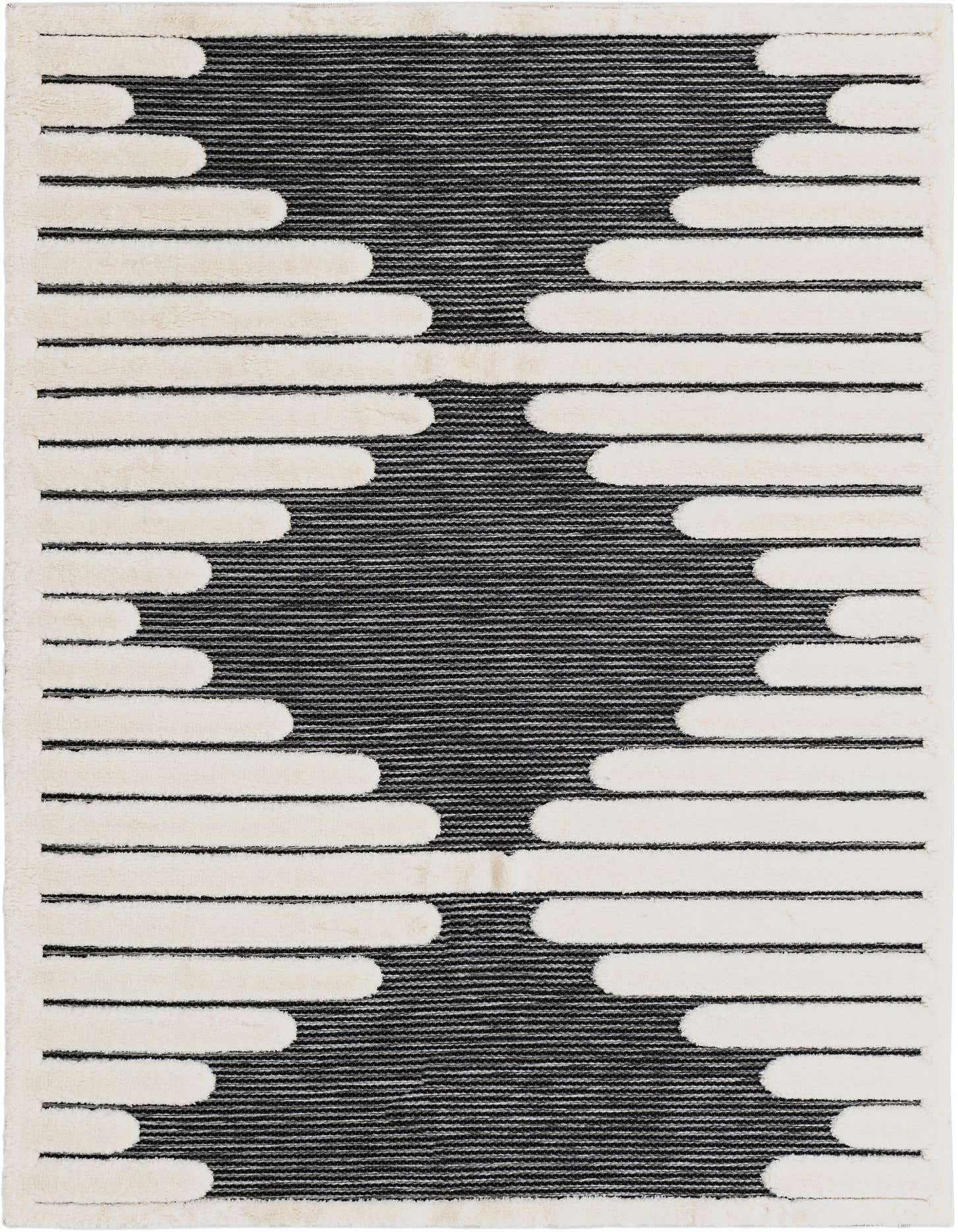 A 5x7 rectangular gray rug with a bold geometric pattern of raised ivory horizontal lines creating a central diamond shape.