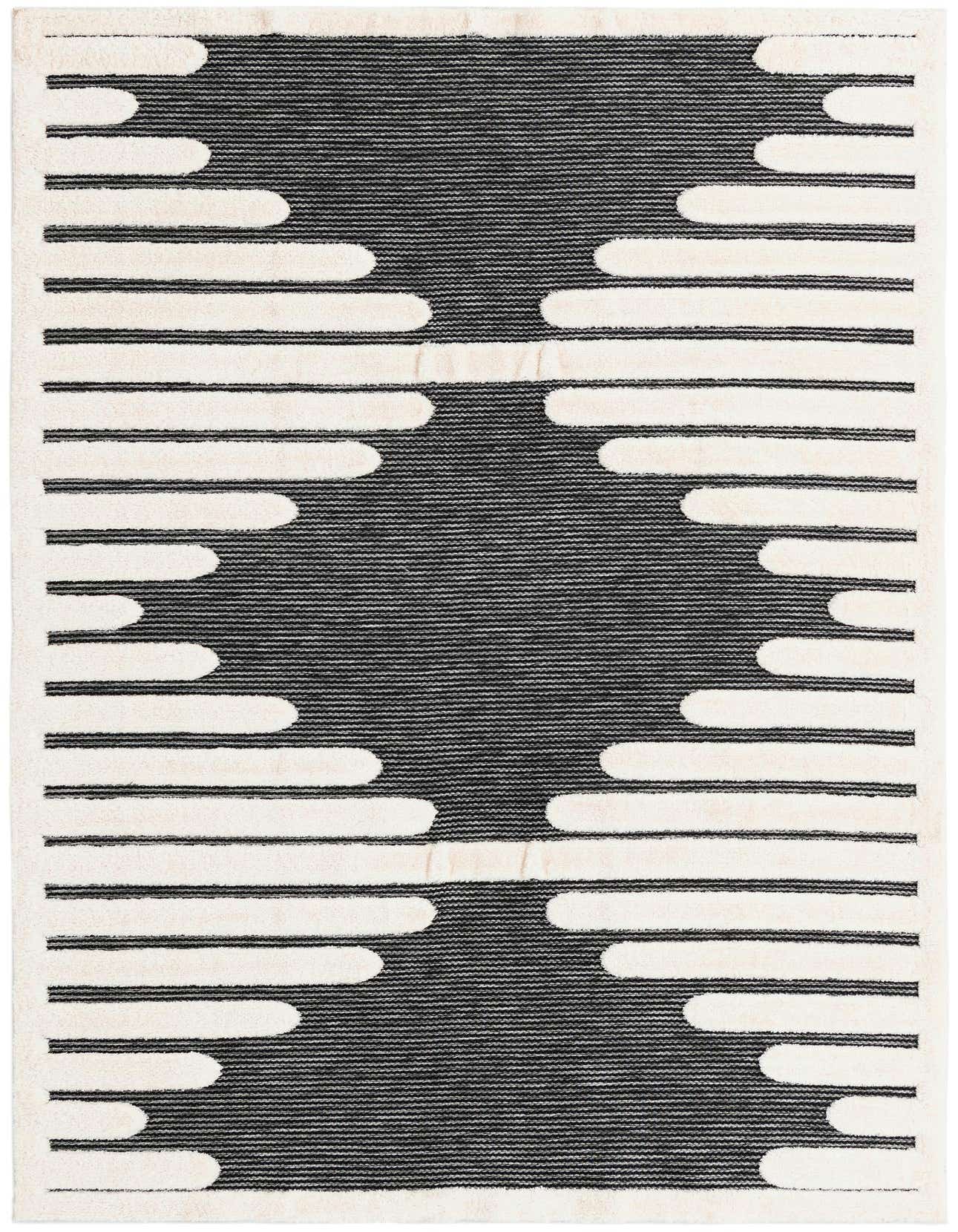 A 6x9 rectangular gray and off-white area rug with a bold geometric pattern of horizontal stripes and rounded shapes.