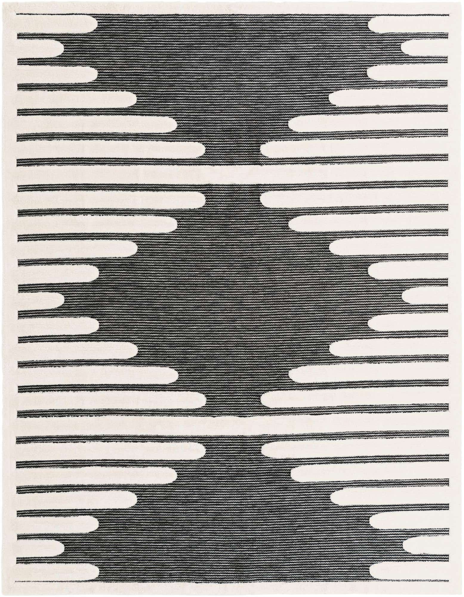 A rectangular 8x10 gray and white area rug with a modern abstract pattern of horizontal stripes and rounded shapes.