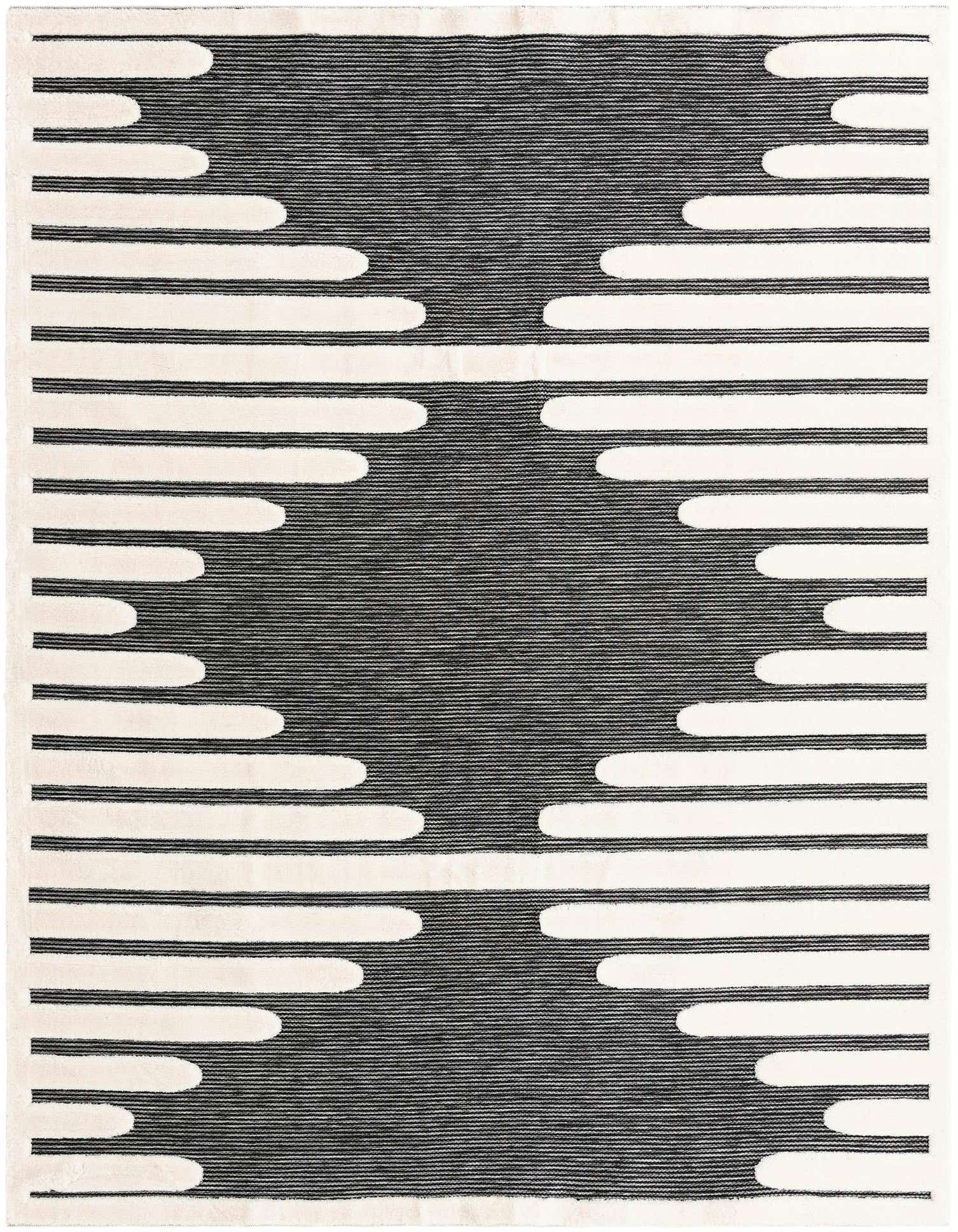 A 9x12 rectangular gray area rug with a modern abstract pattern of horizontal white stripes and rounded shapes.