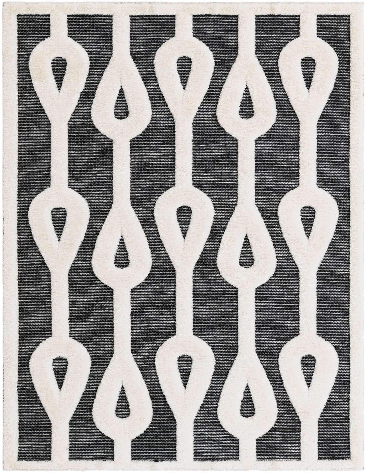 A 5x7 rectangular gray and white rug with a bold, modern geometric chain-link pattern, suitable for a contemporary living space.