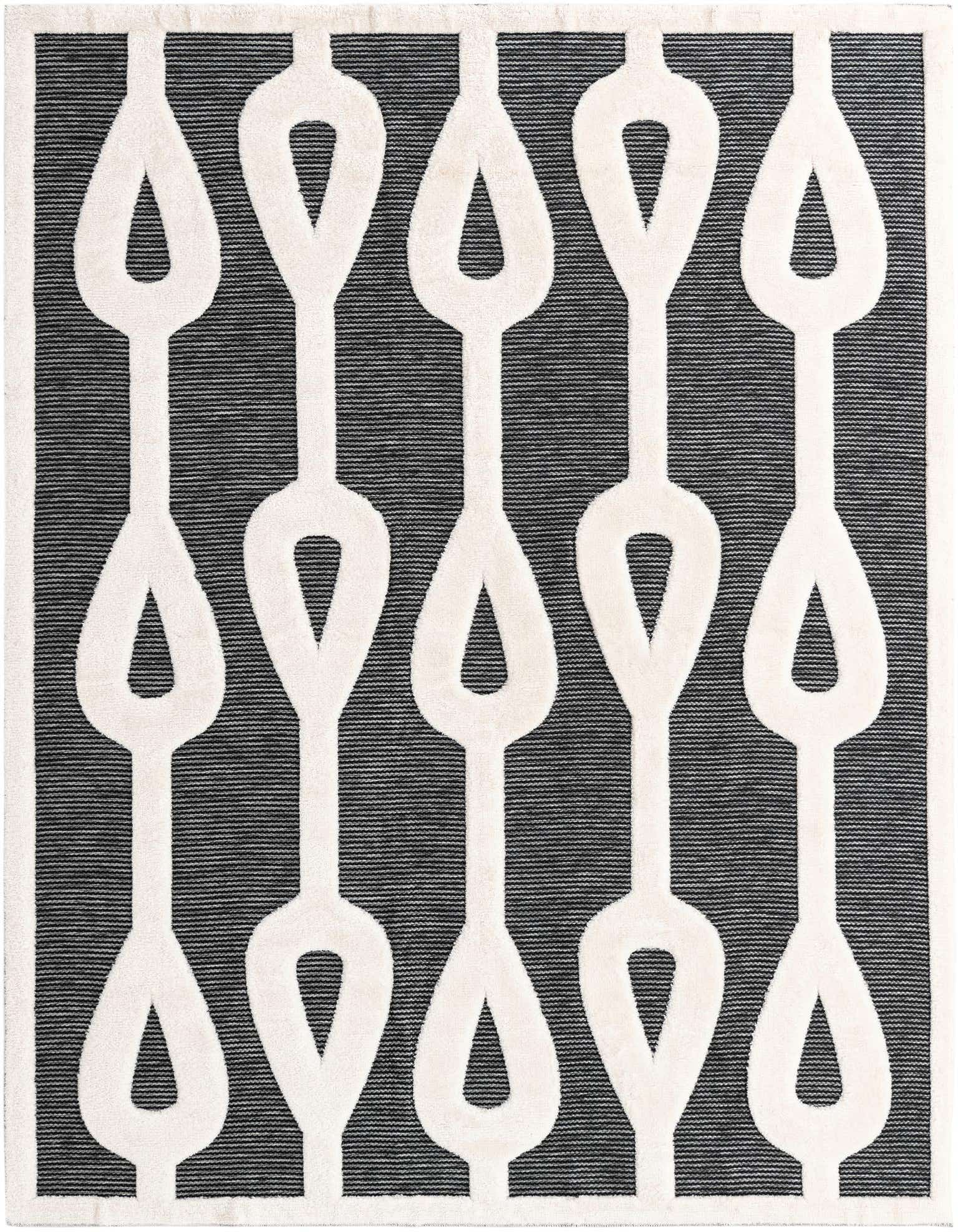 A rectangular 8x10 gray and white area rug with a bold, abstract chain-link pattern and textured pile.