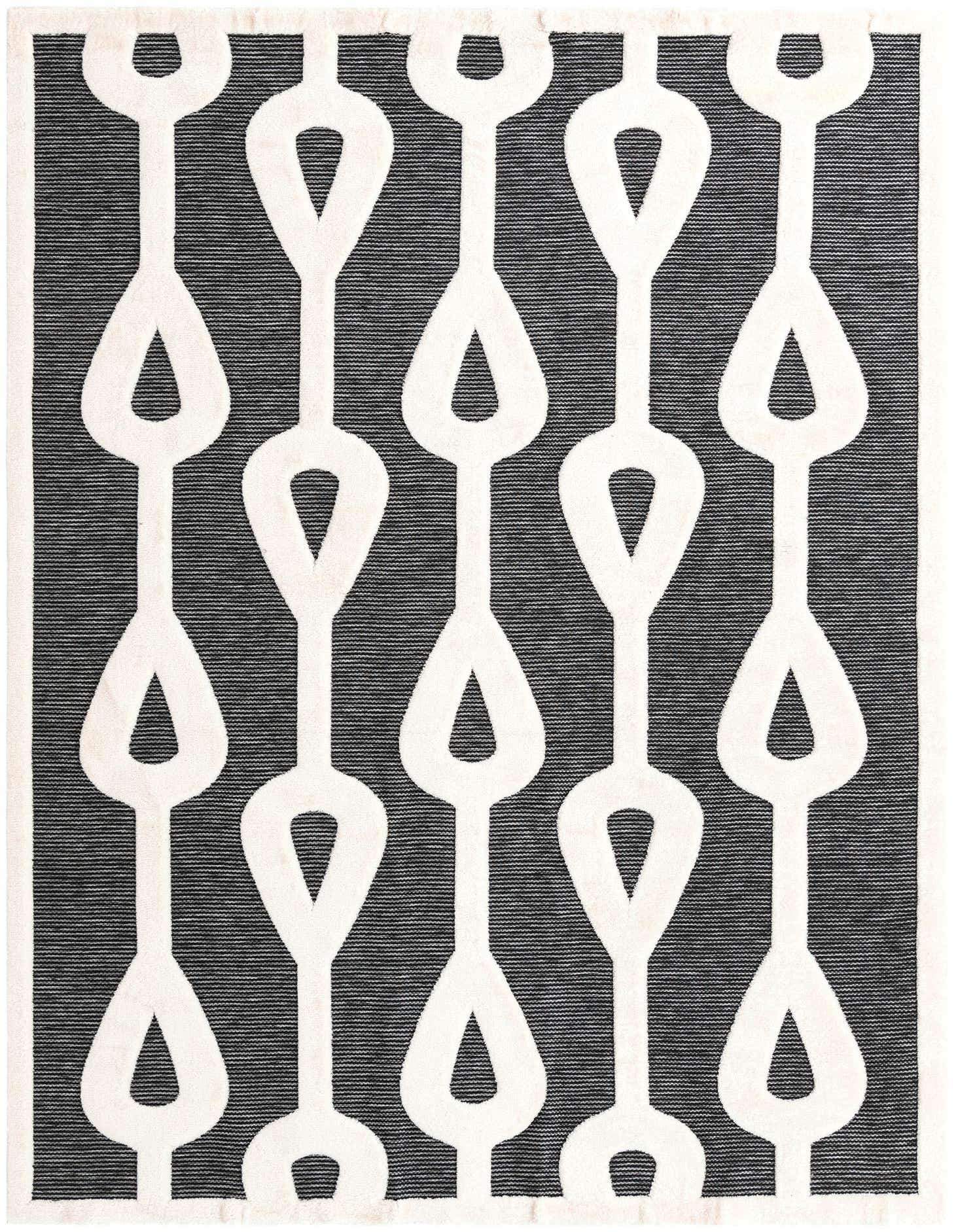 A 9x12 rectangular gray area rug featuring a repeating pattern of stylized white chain links on a textured gray background.