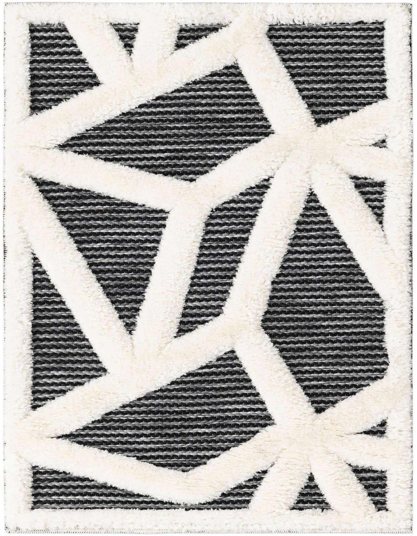 A 2x3 rectangular gray and silver rug with a textured, high pile geometric pattern in cream.