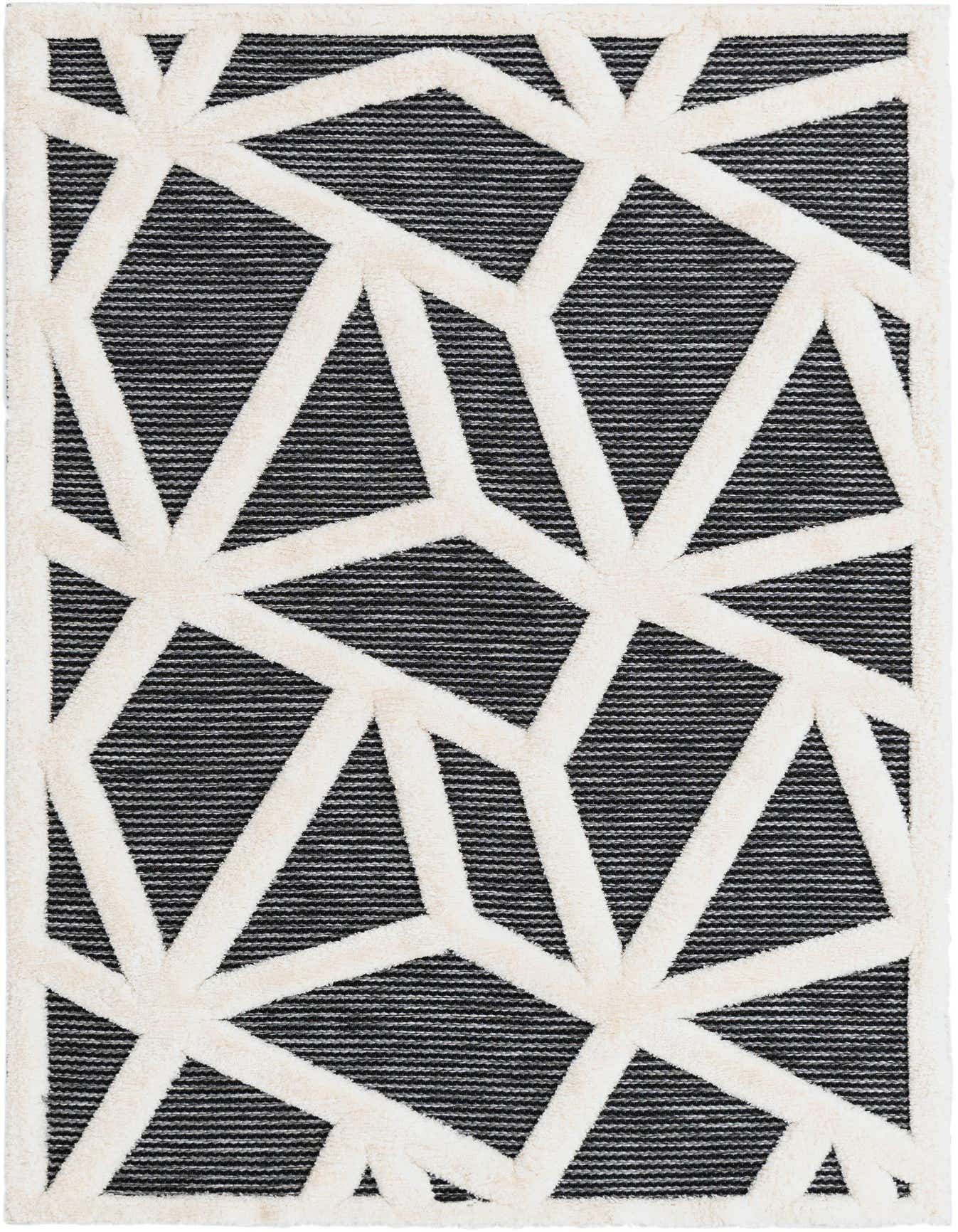 A 4x6 rectangular gray area rug with a modern geometric pattern of raised cream lines over a textured dark gray base.