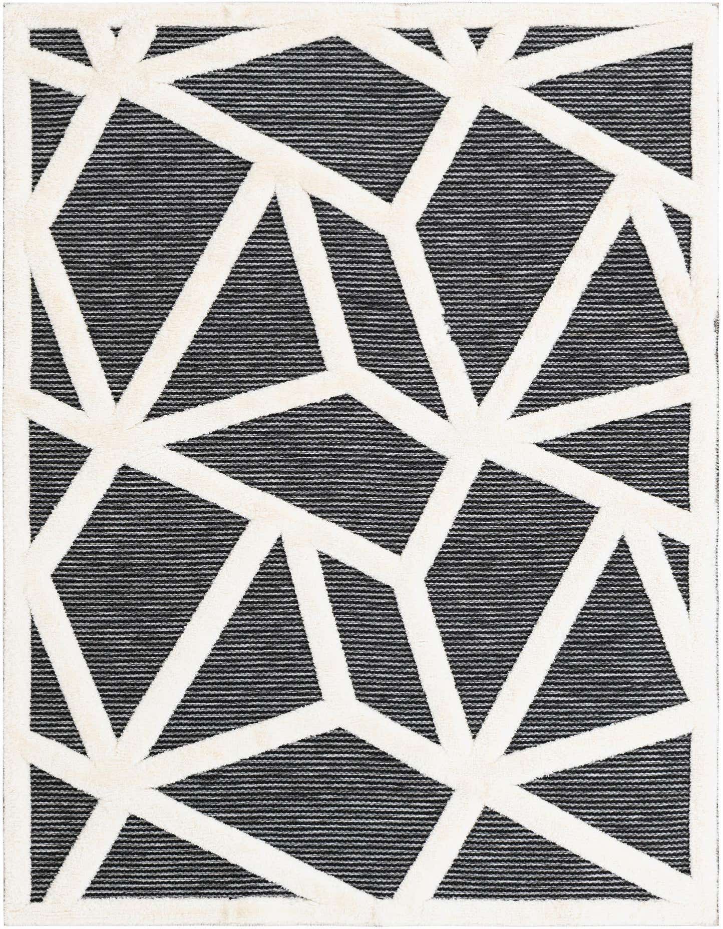 A 5x7 rectangular gray and silver rug with a bold, textured geometric pattern of white lines.