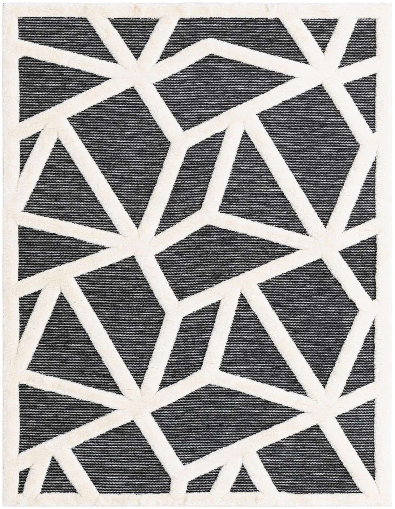 A 5x8 rectangular gray and white area rug with a modern geometric pattern and textured pile.