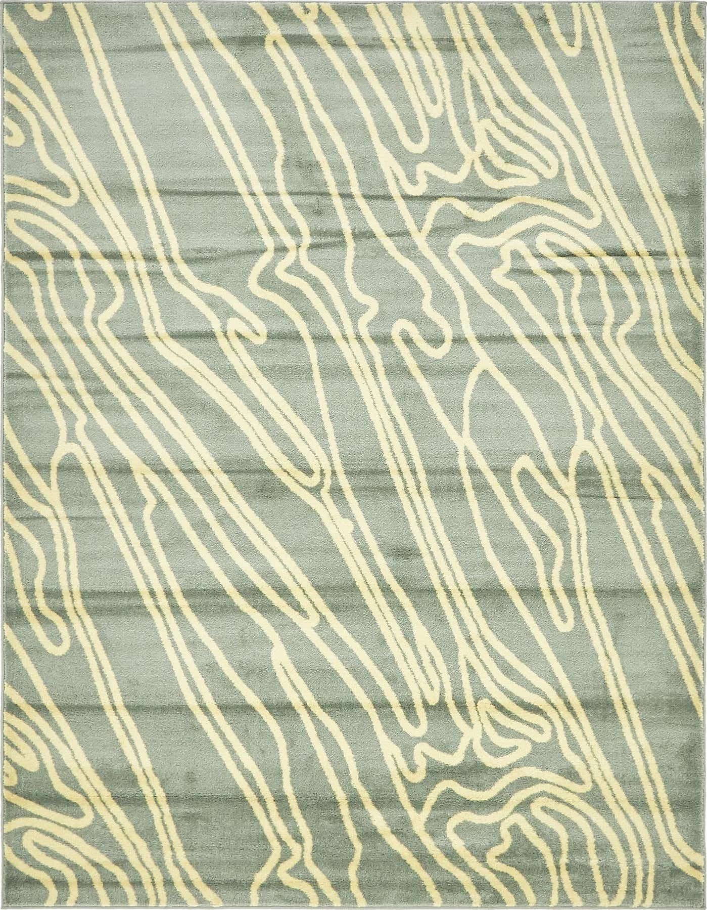 A 5x8 rectangular area rug featuring a modern abstract pattern of light yellow wavy lines on a gray background.