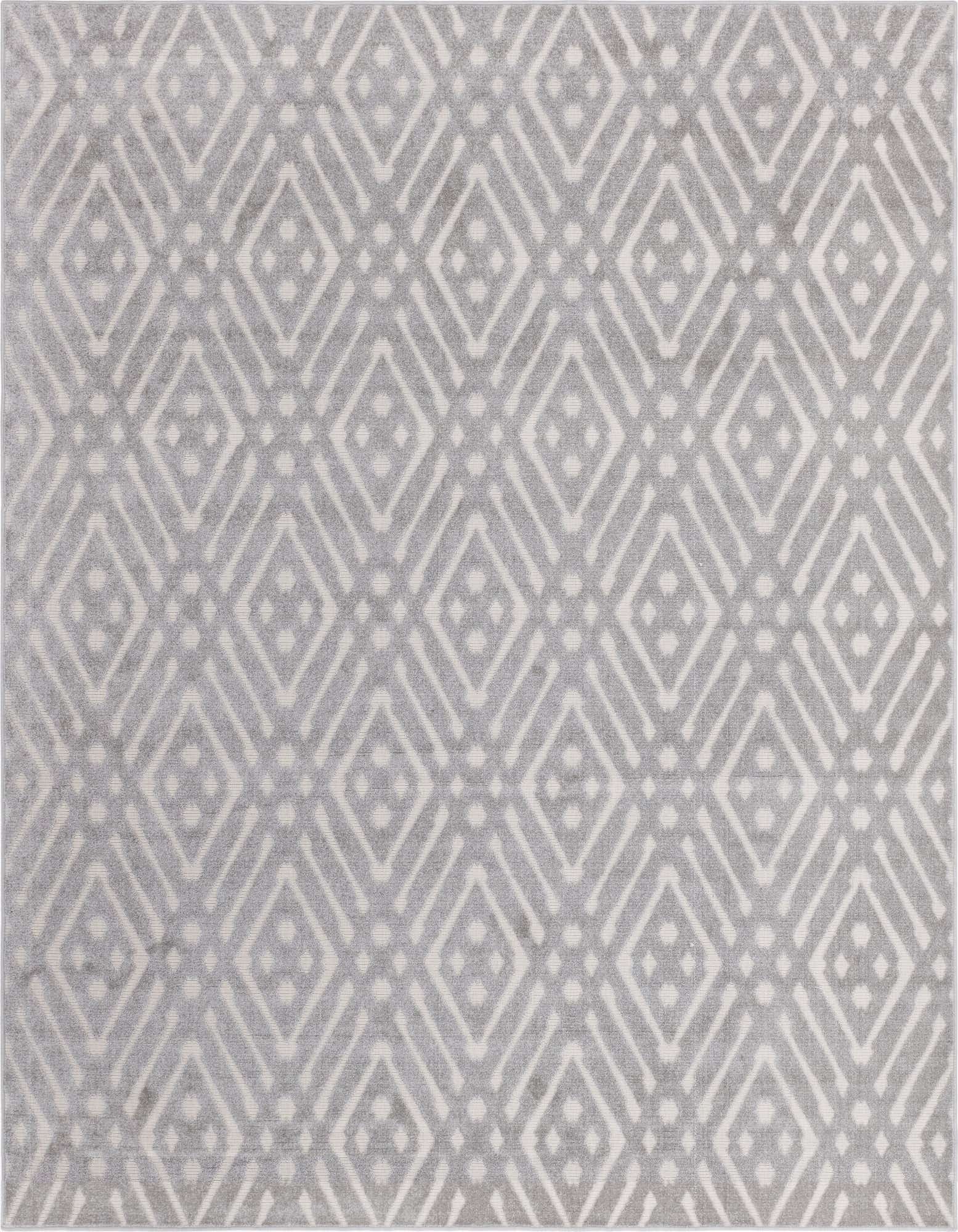 A 9x12 rectangular gray and silver tribal trellis rug with a textured high/low pile, suitable for indoor or outdoor use.